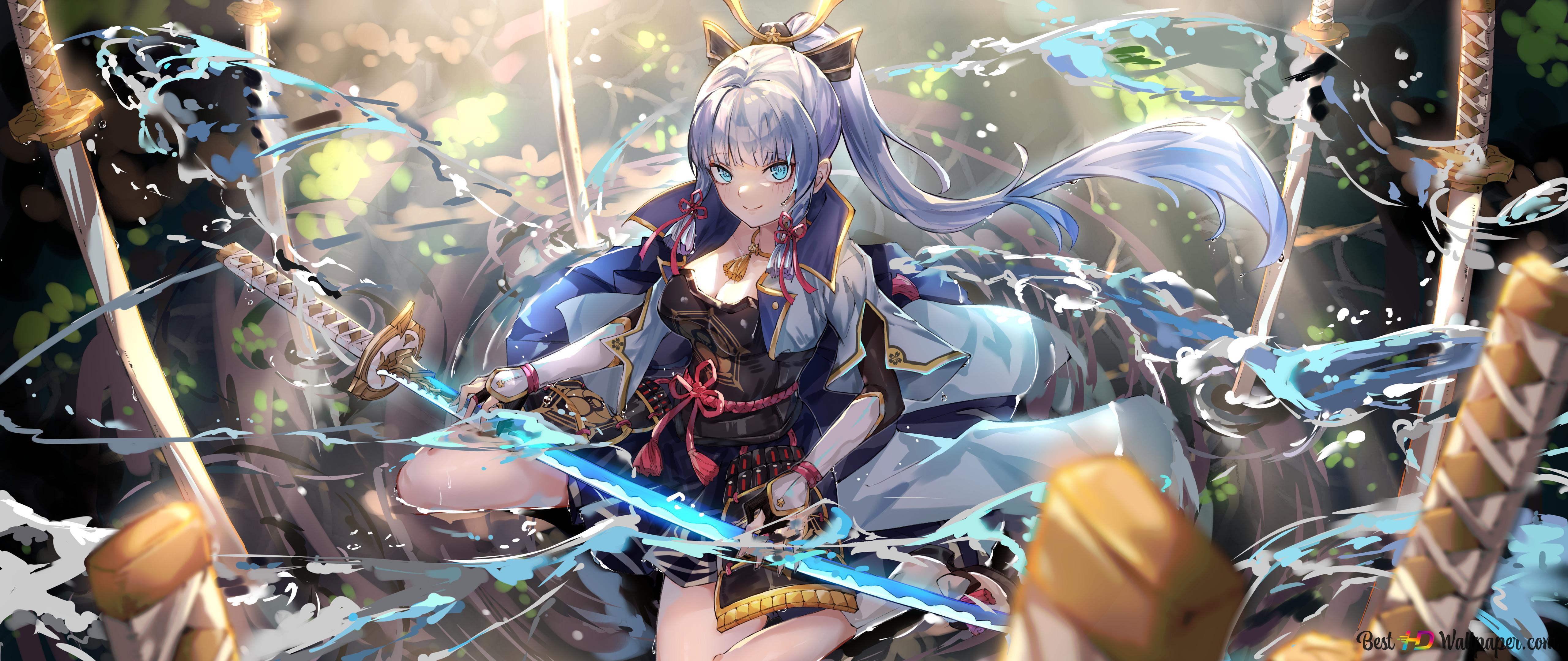 5120x2160 Warrior anime girl with blue hair with blue light sword in hand on battlefield 6K wallpaper download