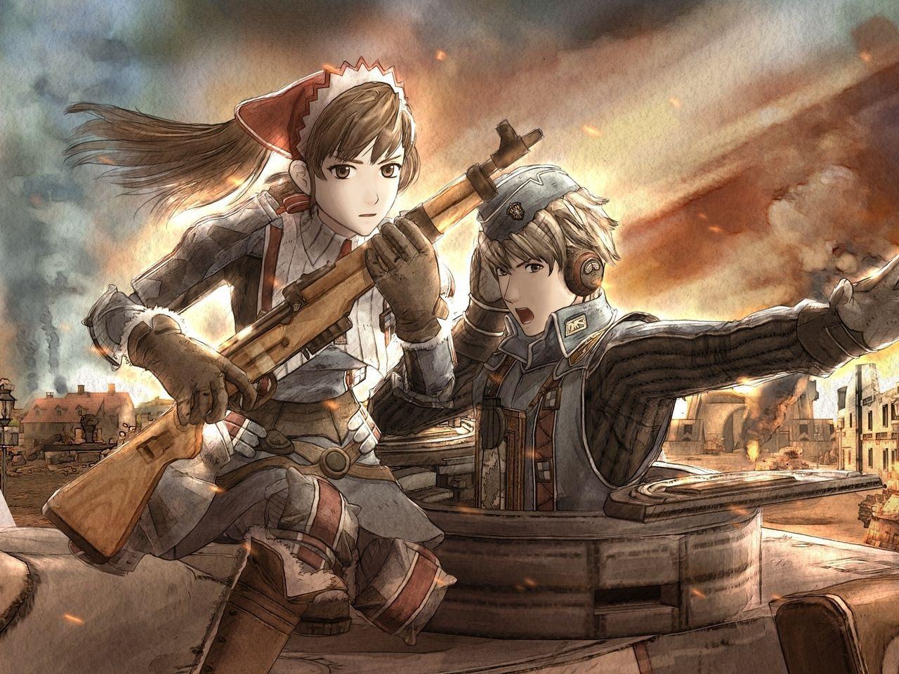 1280x960 Anime Girl And Boy Battlefield Wallpaper