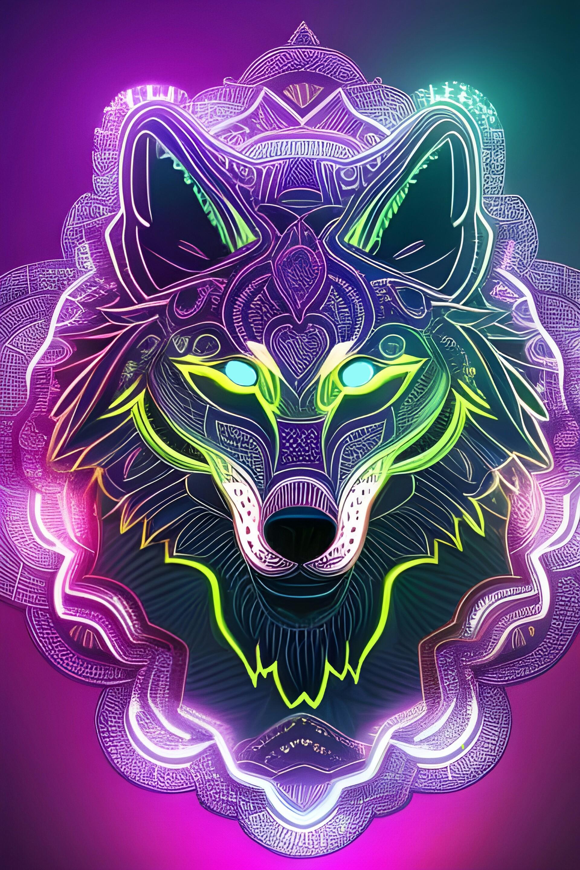 1920x2881 Glowing neon wolf with mandala background