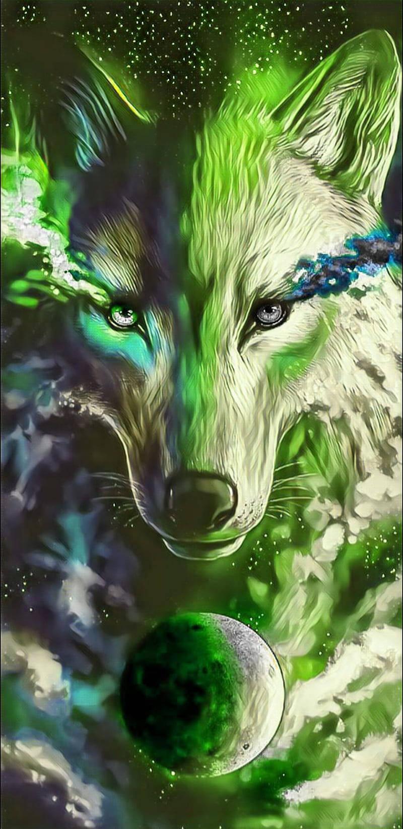 800x1644 Download Cool Green Painting Of Galaxy And Wolf Wallpaper