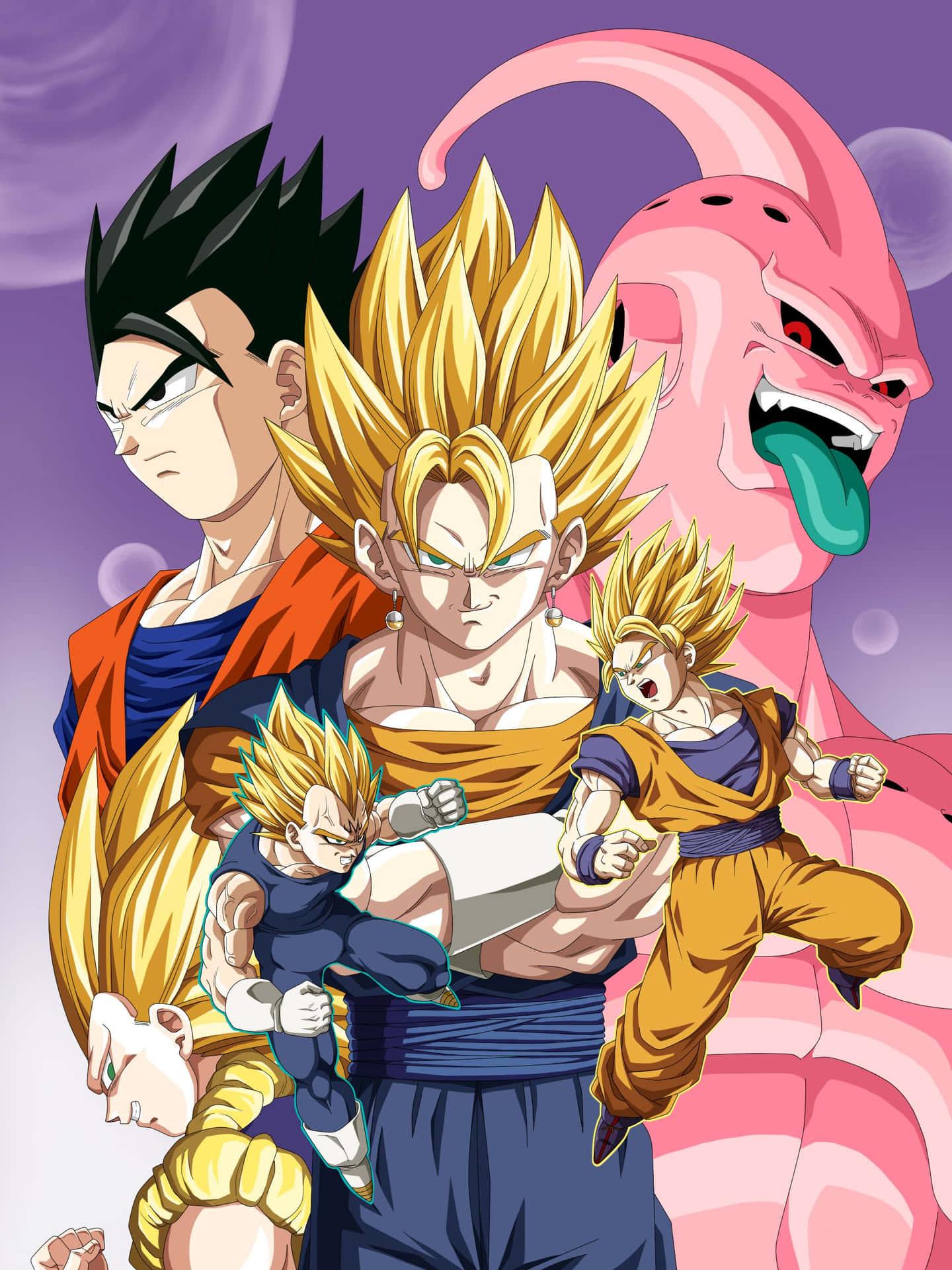 1440x1920 Download Goku, Vegeta and Majin Buu face off in the Buu Saga Wallpaper