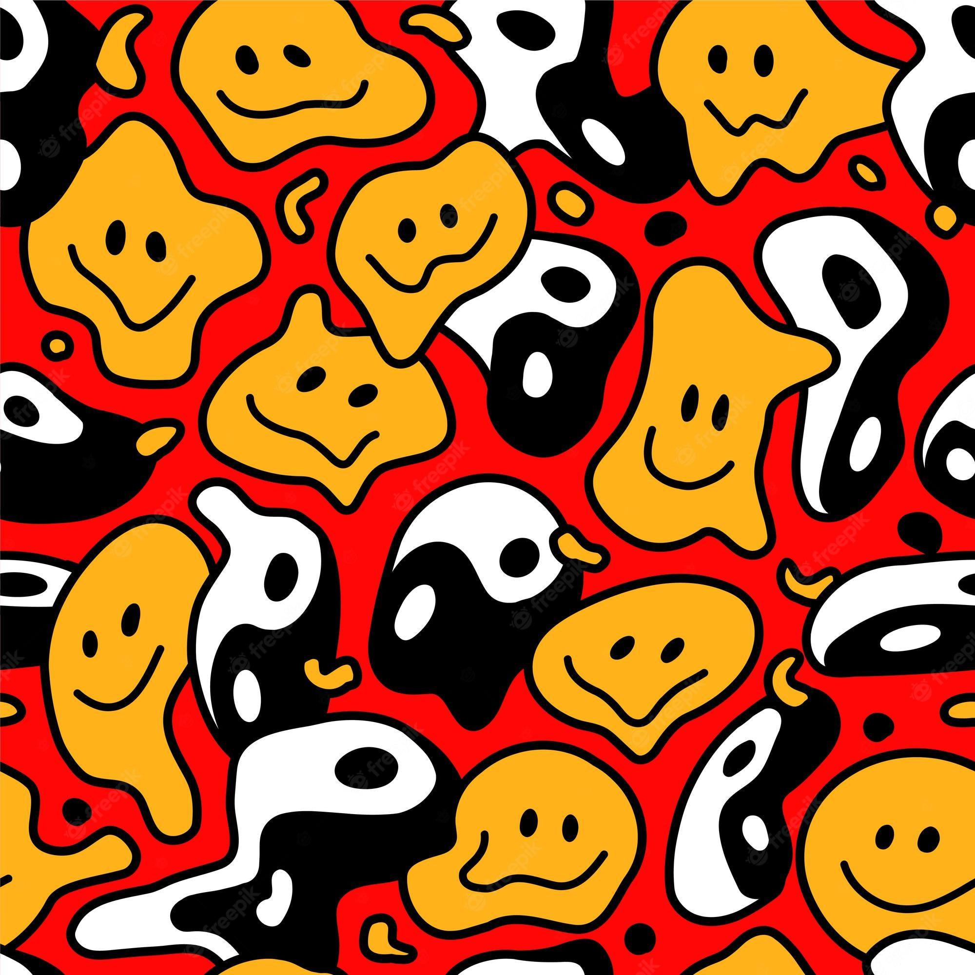 2000x2000 Premium Vector. Psychedelic deformed wavy smile face and yin yang seamless pattern. vector hand drawn line doodle cartoon illustration wallpaper. trippy lsd print, yin yang, smile face seamless pattern concept