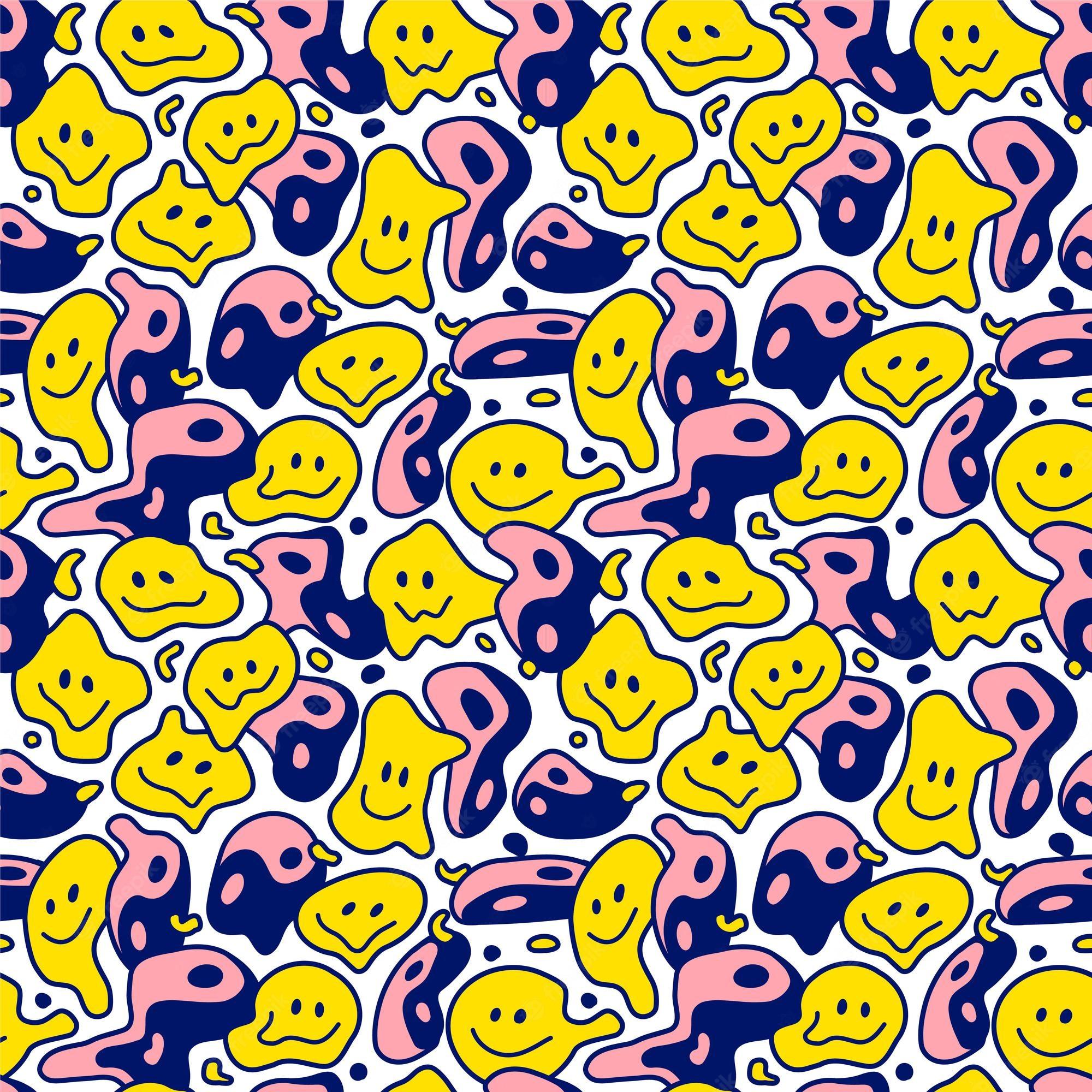 2000x2000 Premium Vector. Psychedelic deformed wavy smile face and yin yang seamless pattern. vector hand drawn line doodle cartoon illustration wallpaper. trippy lsd print, yin yang, smile face seamless pattern concept