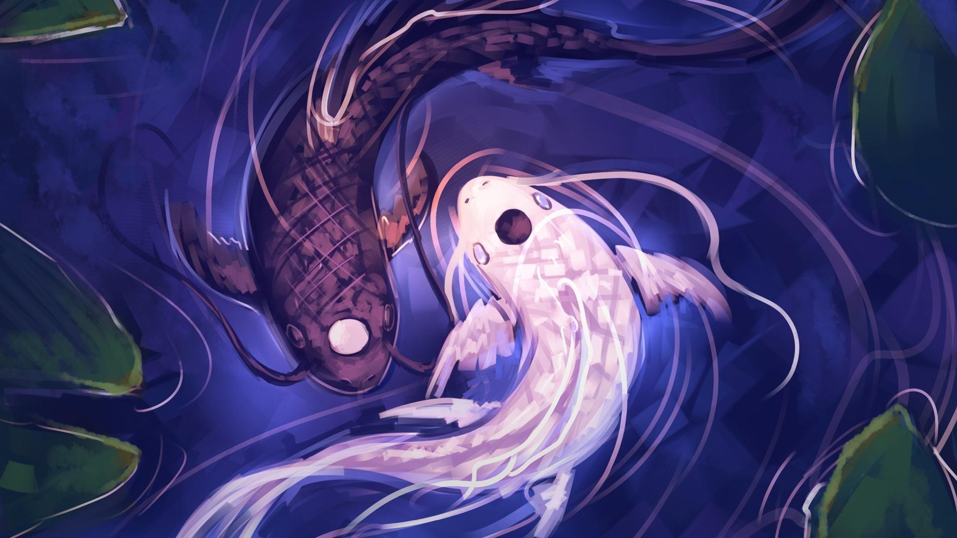 1920x1080 lake, artwork, lily pads, fish, water, Yin and Yang, fantasy art Gallery HD Wallpaper