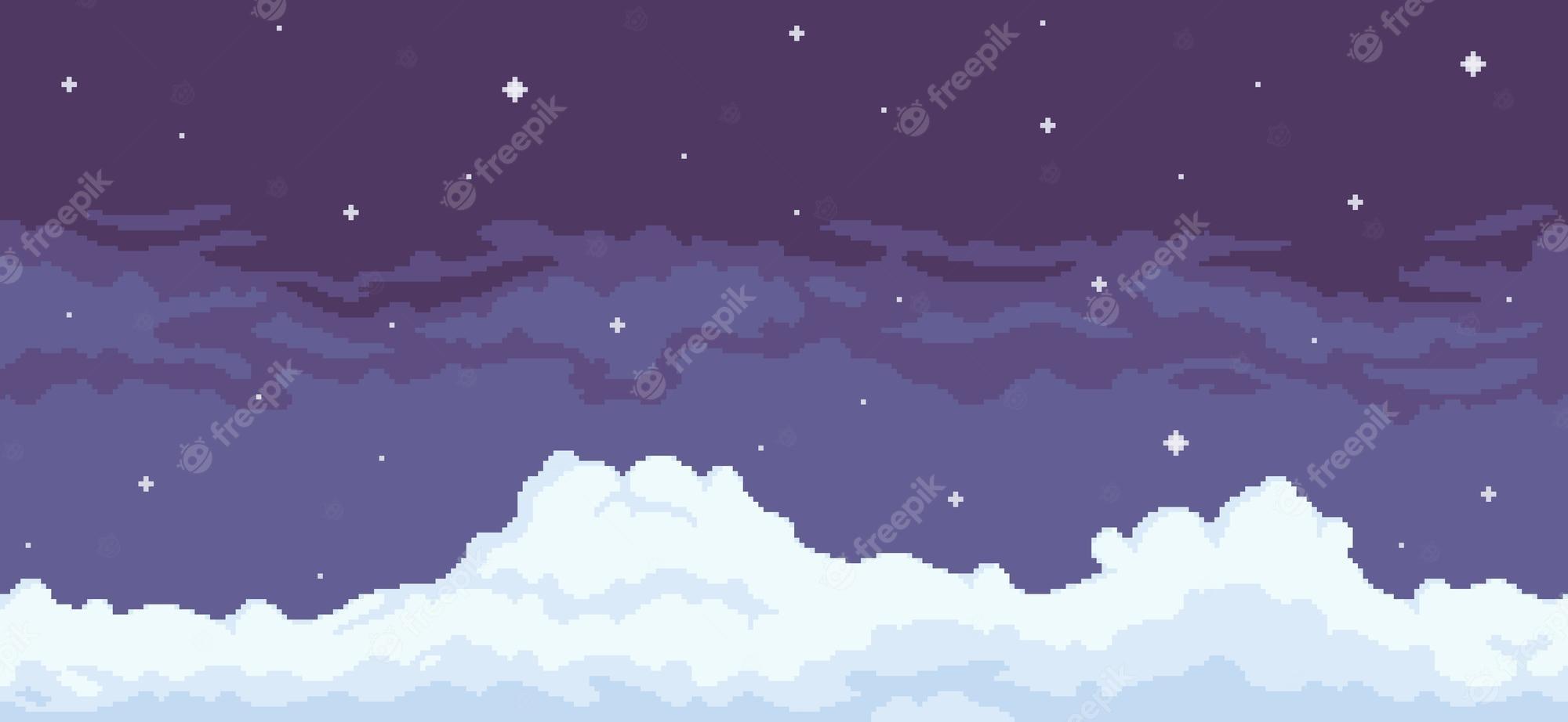2000x922 Premium Vector. Pixel art night sky background with clouds and stars for game 8 bit