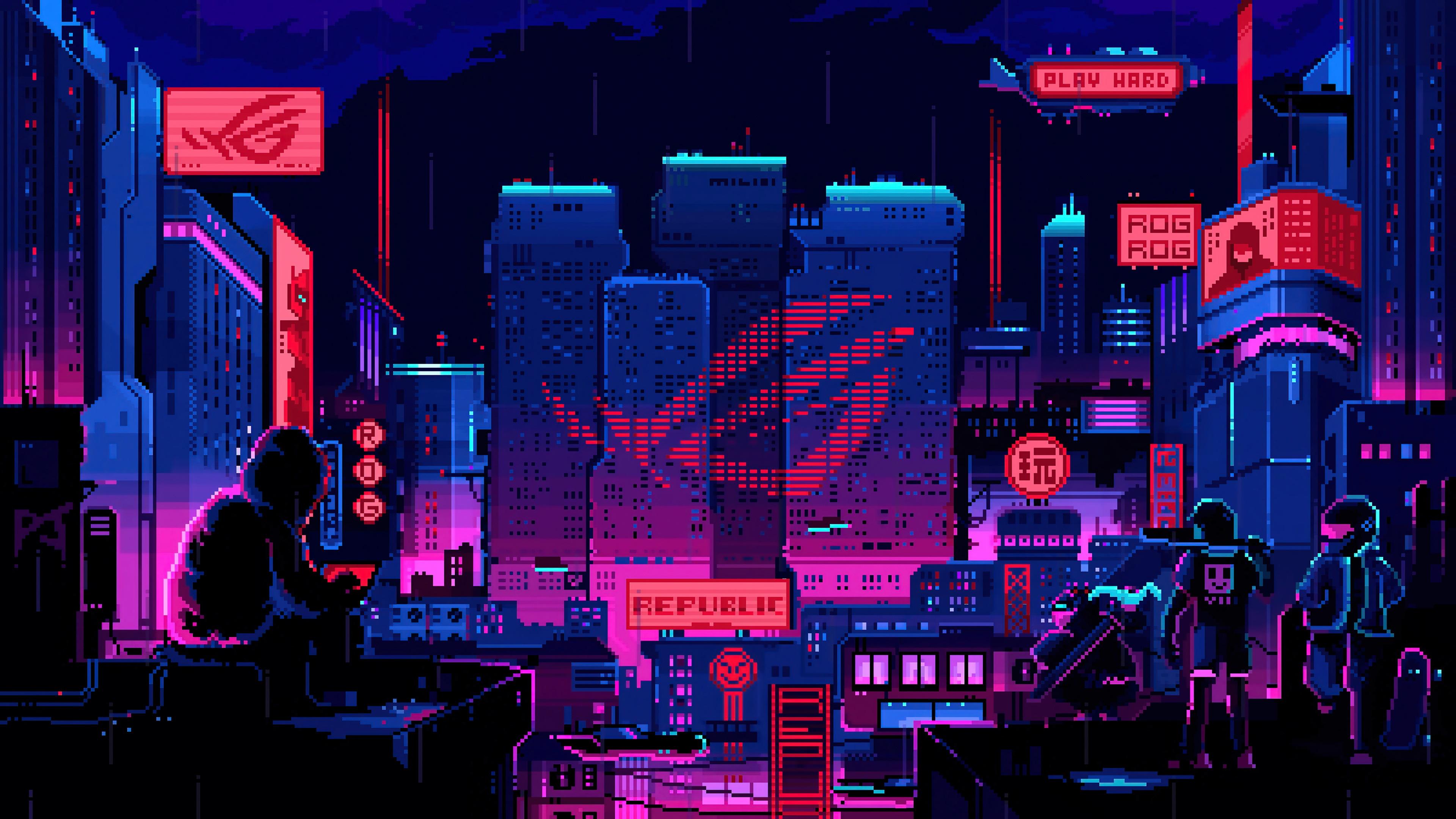 3840x2160 wallpaper, rog, 8 bit, pixel, logo, night, city, 4k, HD Gallery HD Wallpaper