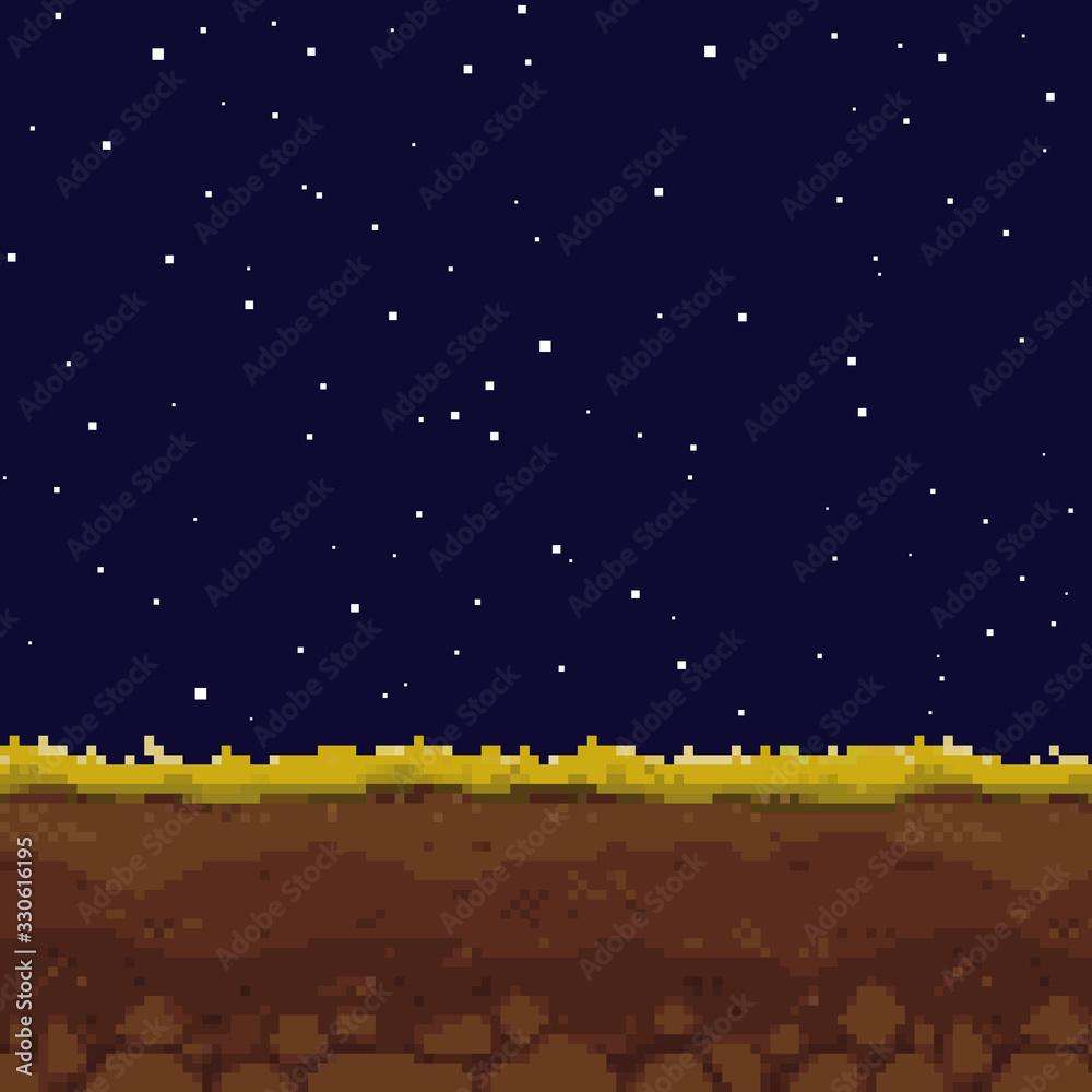 1000x1000 Pixel art game night background. Ground, grass, sky, stars and clouds. Pixel art. Game Design. 8 bit. Stock Vector