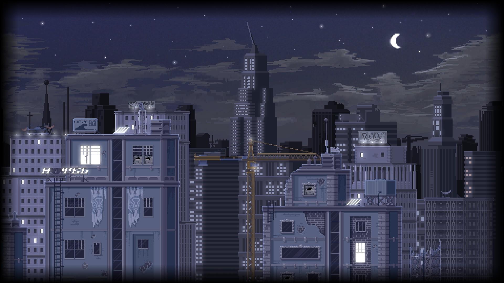 1920x1080 Wallpaper / pixel art, pixelated, nature, landscape, pixels, digital art, trees, cityscape, night, stars, water, blue background, reflection free download
