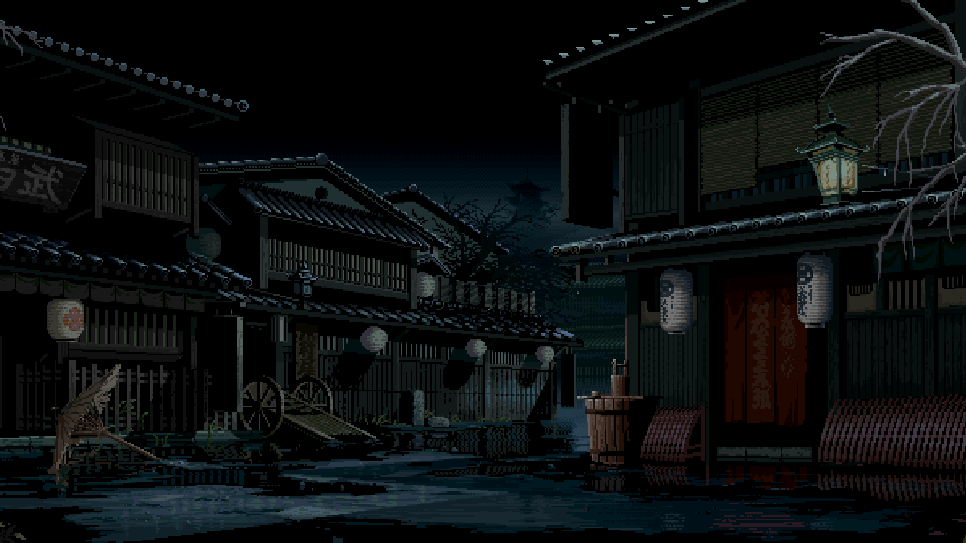 1920x1080 landscape, digital art, video games, street, night, Asian architecture, pixel art, nature, house, retro games, pixels, 8 bit, pixelated, metropolis, midnight, darkness, screenshot, computer wallpaper, pc game Gallery HD Wallpaper