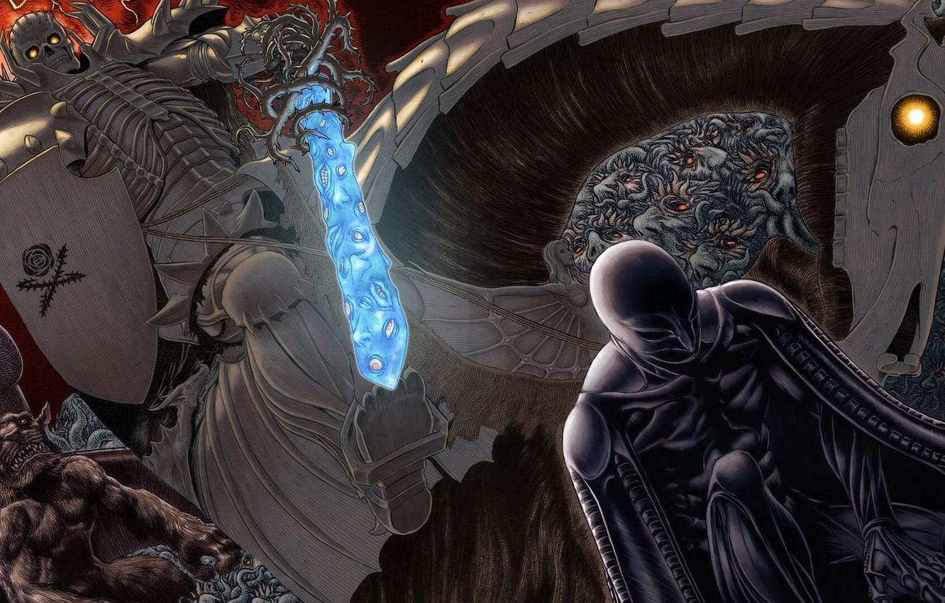 1332x850 Wallpaper sake, sword, anime, ken, blade, Berserk, horse, evil, shield, manga, bones, japanese, bakemono, Skull Night image for desktop, section сэйнэн
