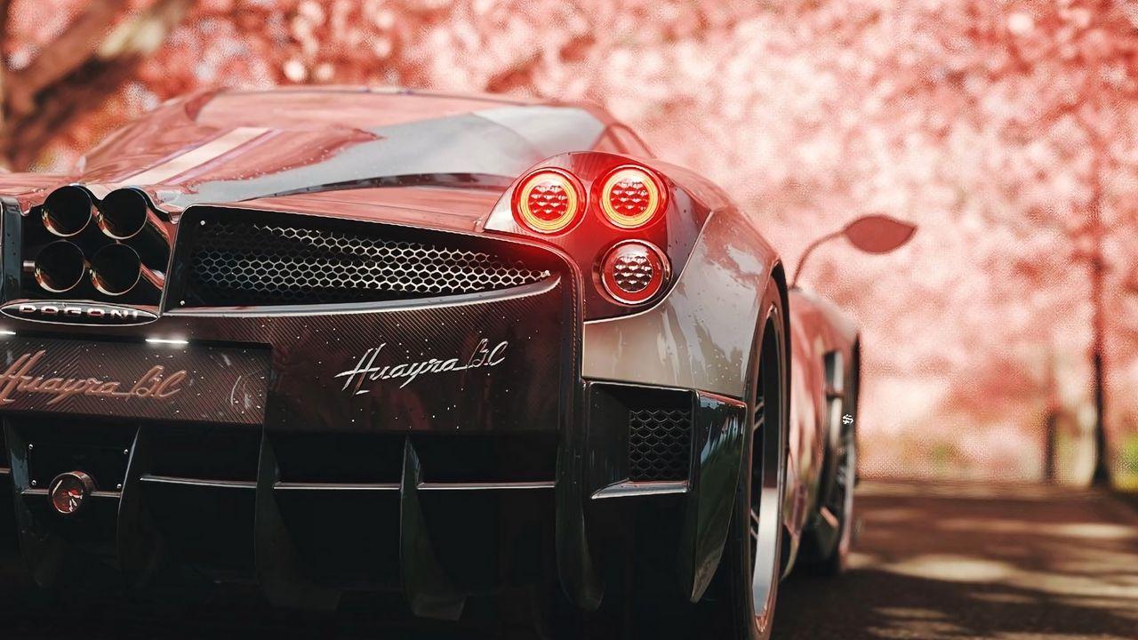 1280x720 Wallpaper pagani huayra, pagani, sports car, supercar, sakura, rear view hd, picture, image