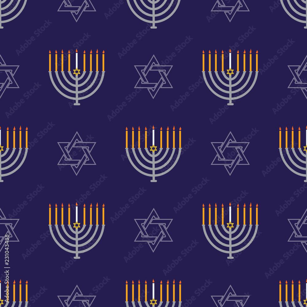 1000x1000 Jewish holiday Hanukkah seamless pattern with Hanukkah menorah, dreidels, star of David .Vector background for wallpaper, greeting card and graphic design. Stock Vector