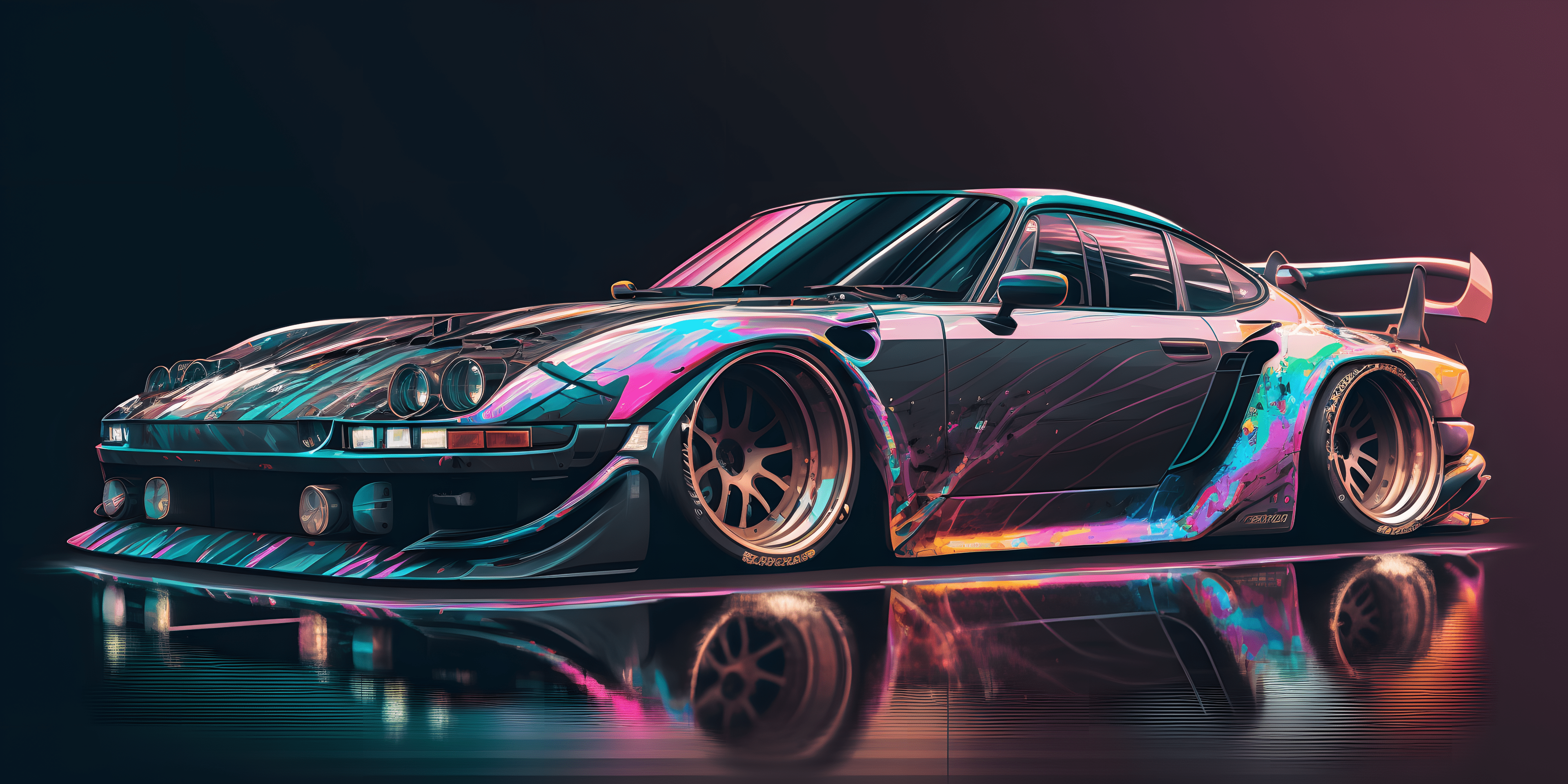 3840x1920 Ai Art Japanese Cars Supercars Iridescent Colorful Reflection Car Simple Background Minimalism Wallpaper:3840x1920