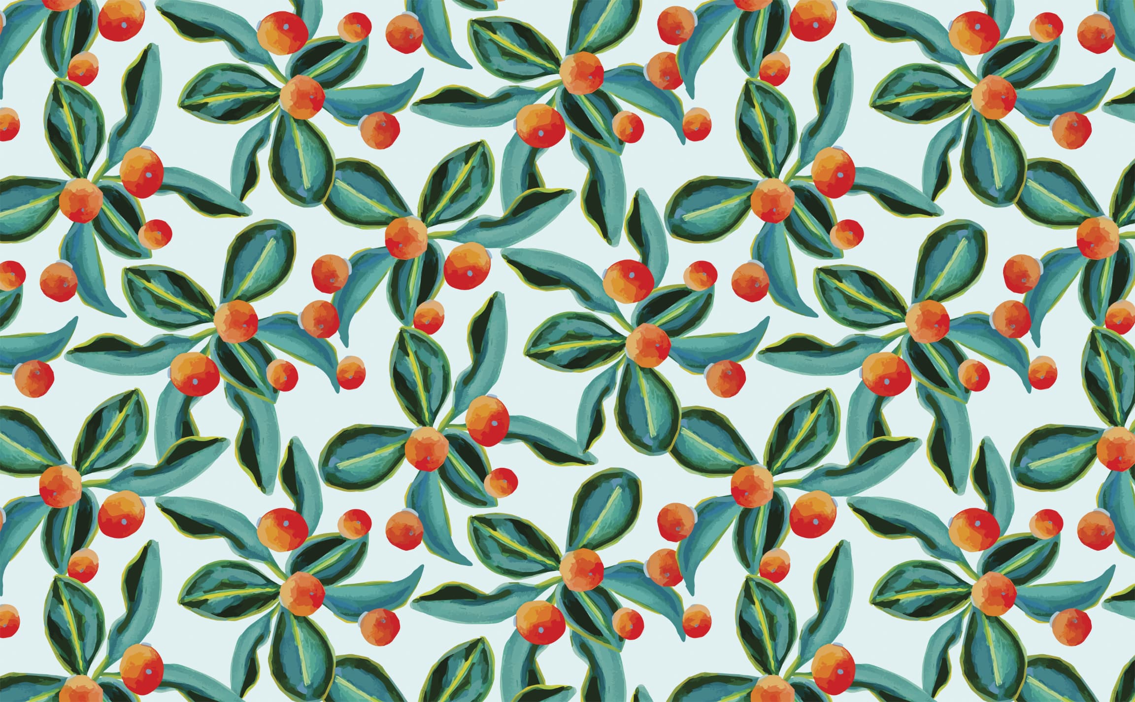 2304x1424 Light and dark toned oranges with green leaves and blue sky background Pattern Wallpaper for Walls