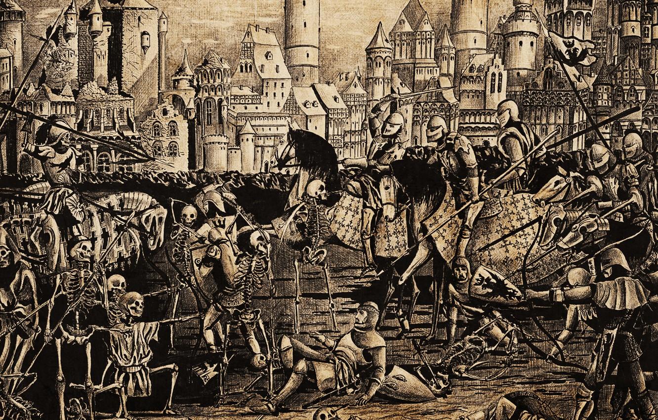 1332x850 Wallpaper war, armor, battle, The battle, skull, fortress, painting, horror, the middle ages, knights, skeletons, locks, pencil drawing, Parsadanov image for desktop, section живопись