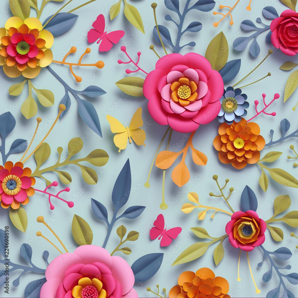 1000x1000 3D render, craft paper flowers, fall botanical wallpaper, thanksgiving floral bouquet, bright autumn colors, nature clip art isolated on pale blue background, decorative embellishment