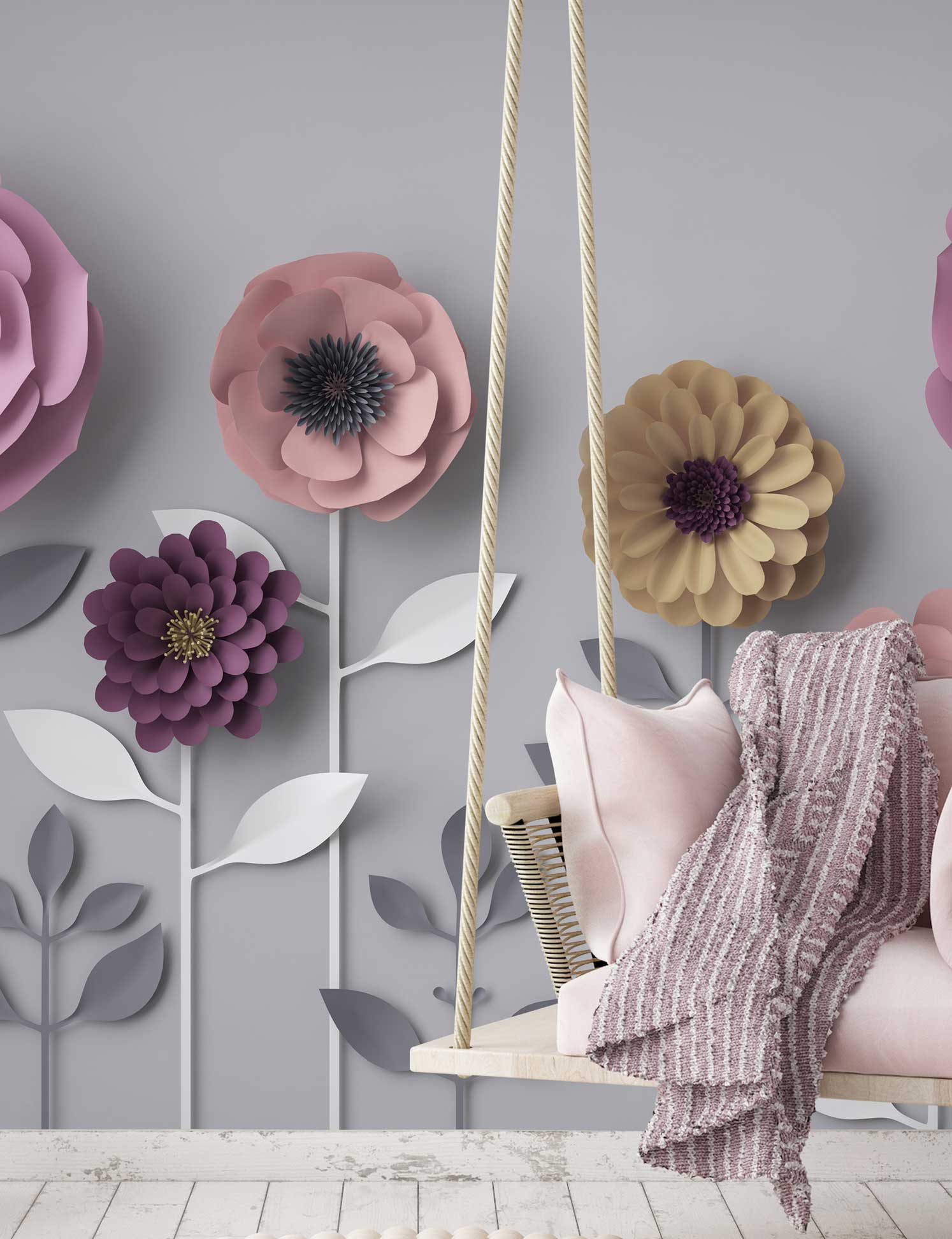 1494x1944 Grey & Pink Fun Paper Flower Wall Mural