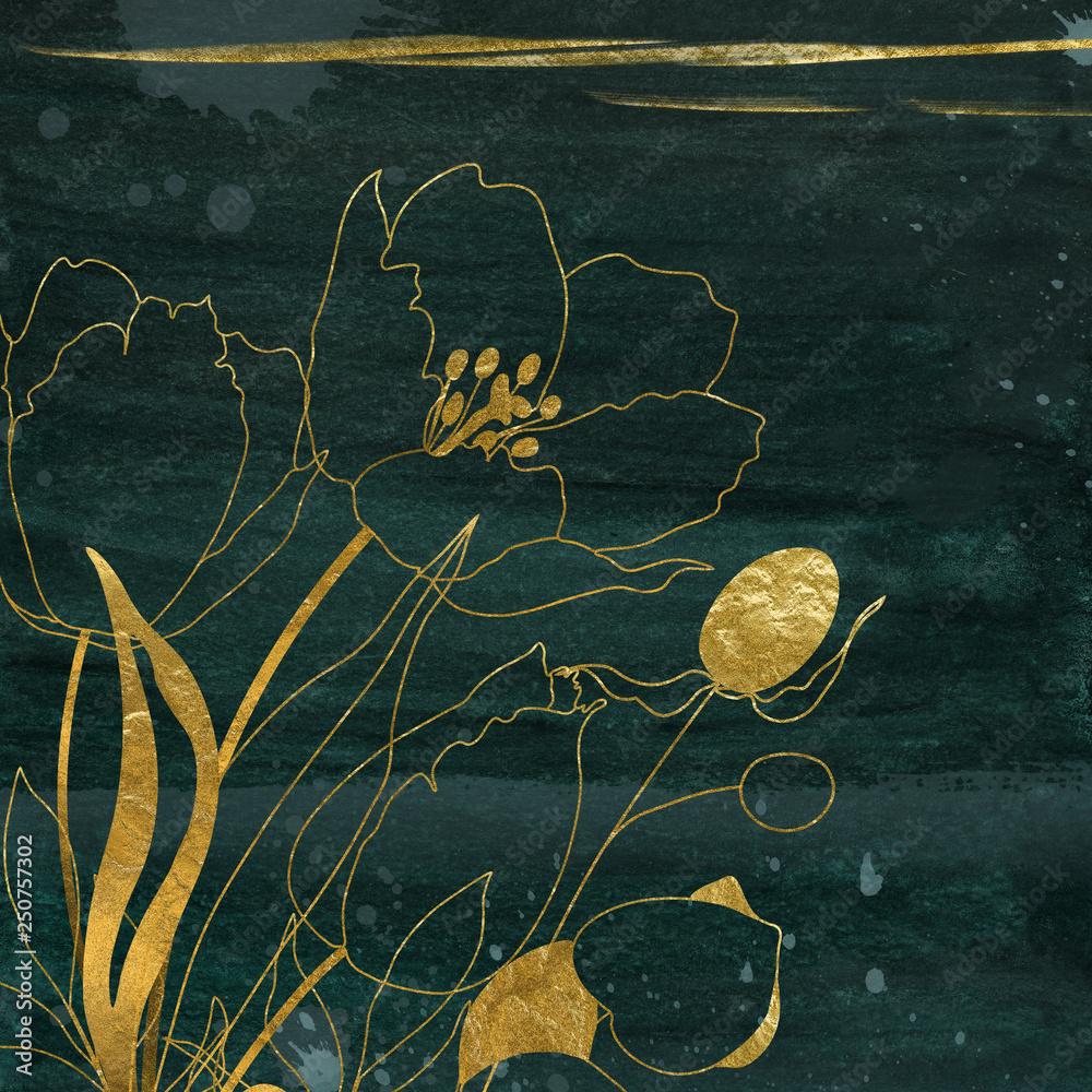 1000x1000 Dark green watercolor background with composition of golden flowers, brunches and leaves Stock Illustration