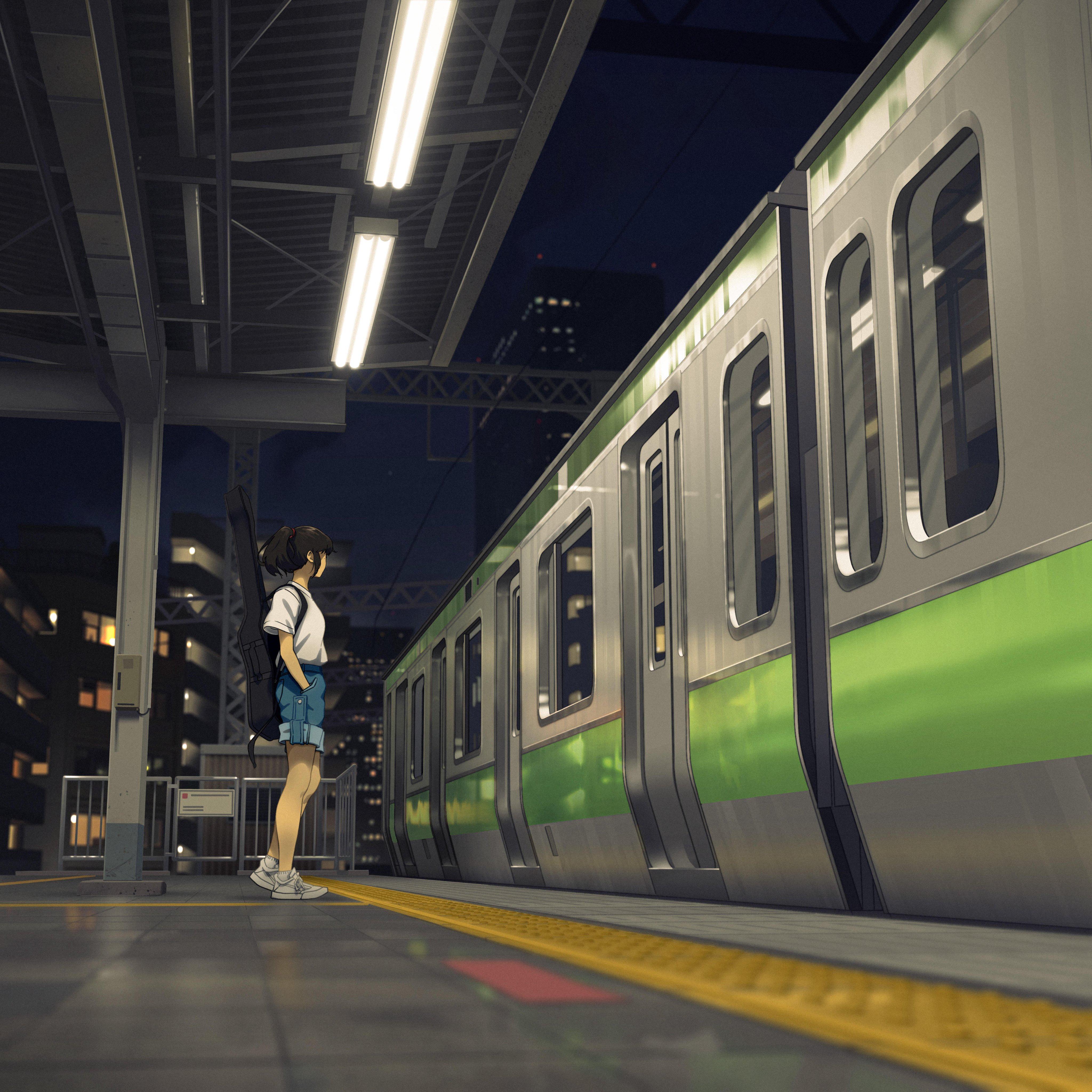 4096x4096 Anime Girls Subway Station Train Wallpaper:4096x4096
