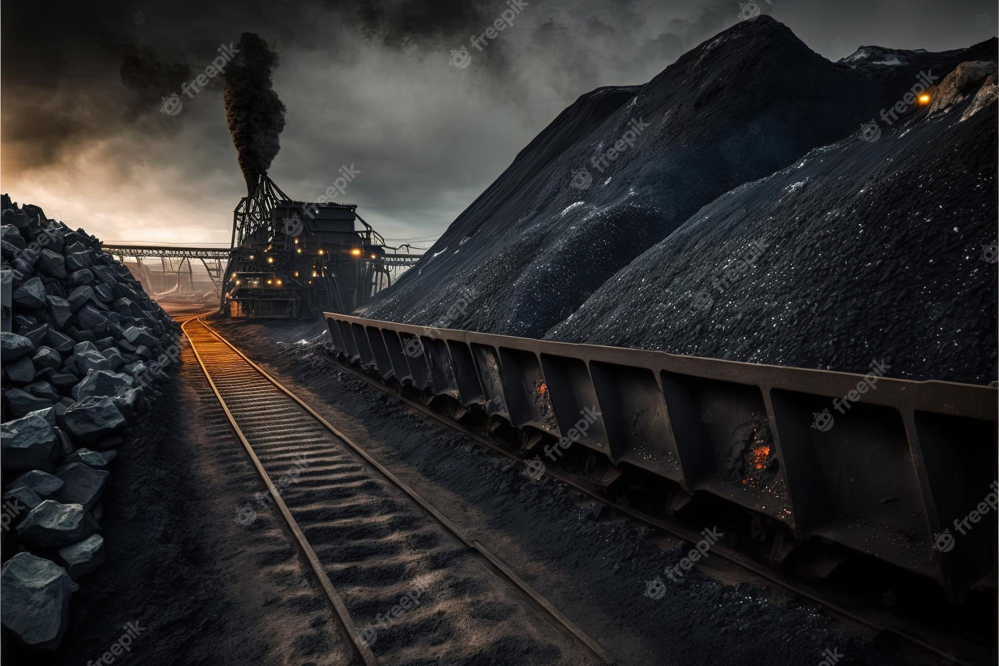 2000x1333 Premium Photo. Stylish gloomy wallpaper illustrating bituminous coal in a coal mine high resolution illustration resources atmospheric emissions work conveyor belt energy rails coal burning health ai