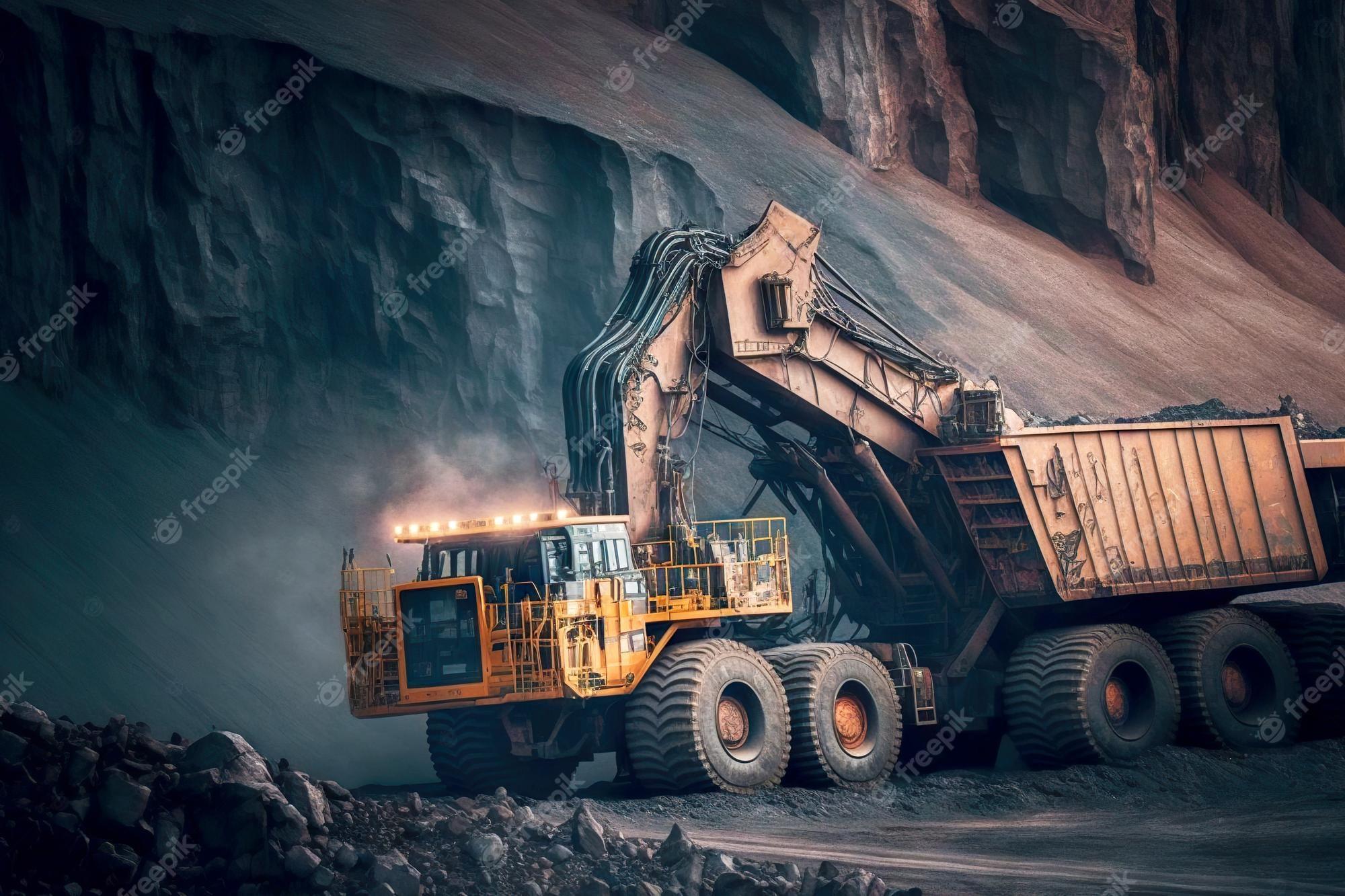 2000x1333 Premium Photo. Work of trucks and the excavator in an open pit coal mining industry
