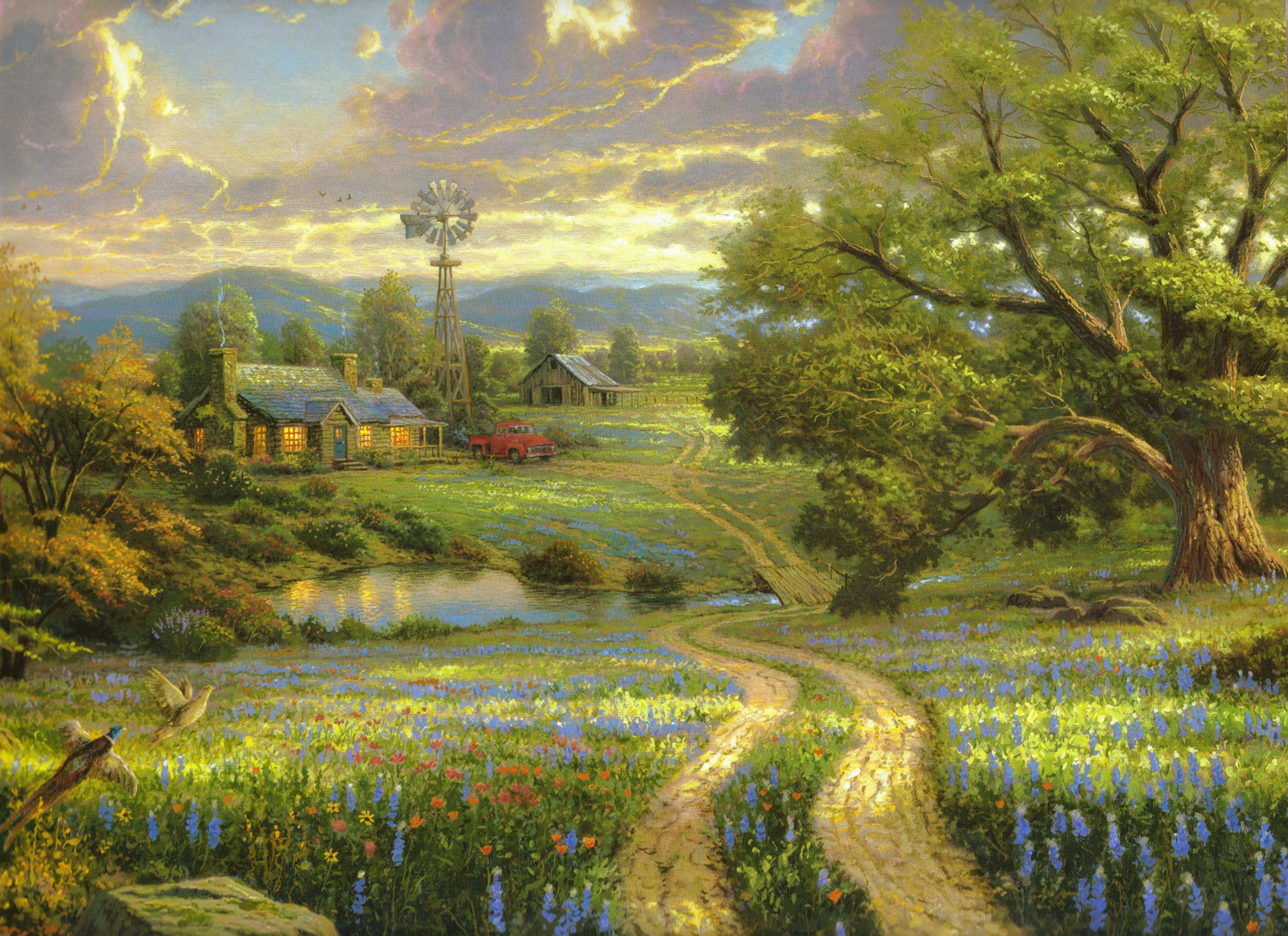 3510x2550 Painting, Art, Landscape, Road, Country, At home, Village, Car Gallery HD Wallpaper