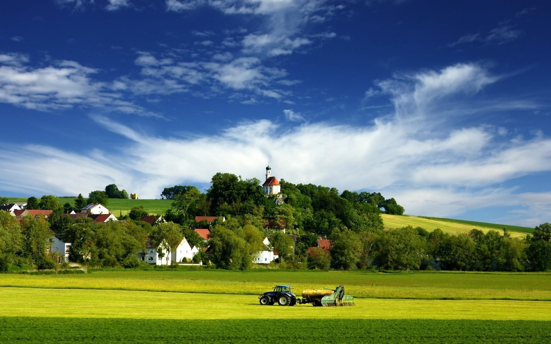 1920x1200 nature trees field tractors countries villages house church forest hill Gallery HD Wallpaper