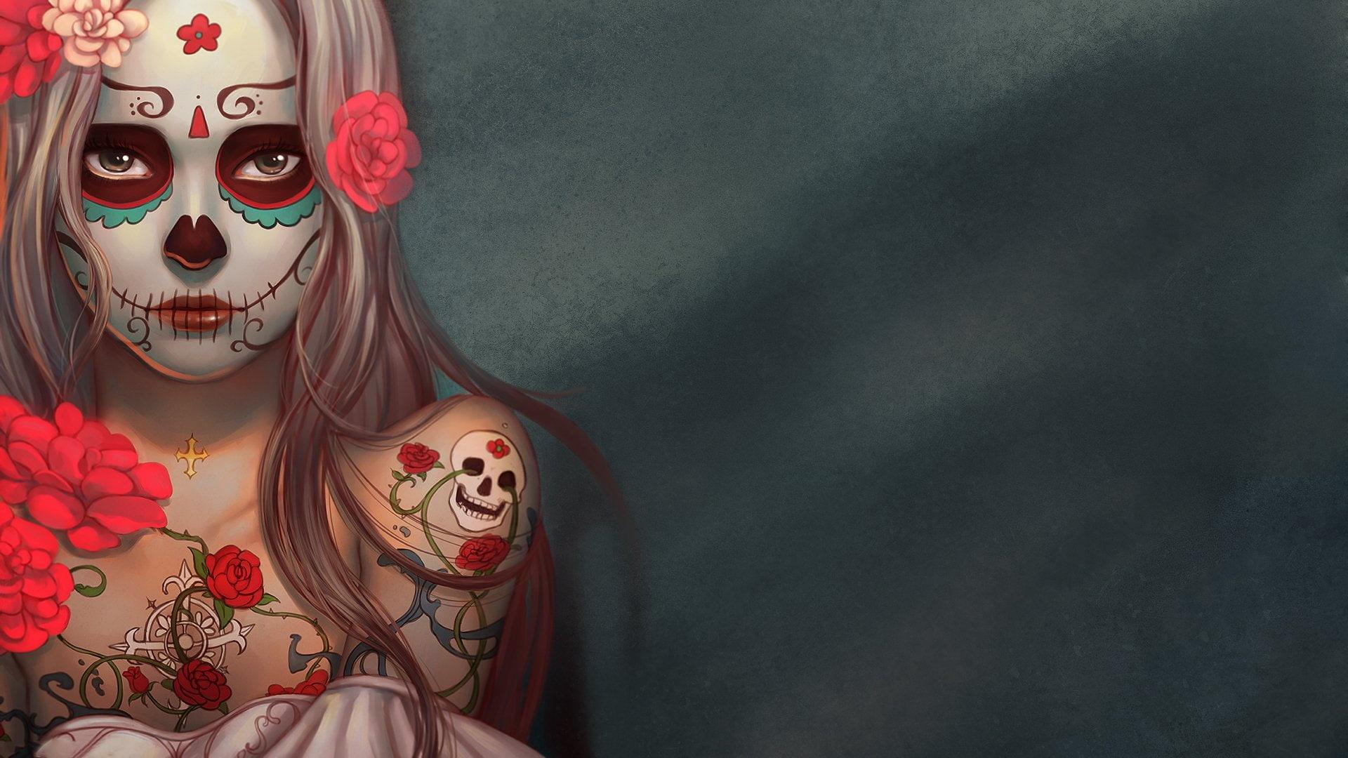 1920x1080 Wallpaper / 1080P, Makeup, Girl, Sugar Skull, Artistic, Woman, Tattoo free download