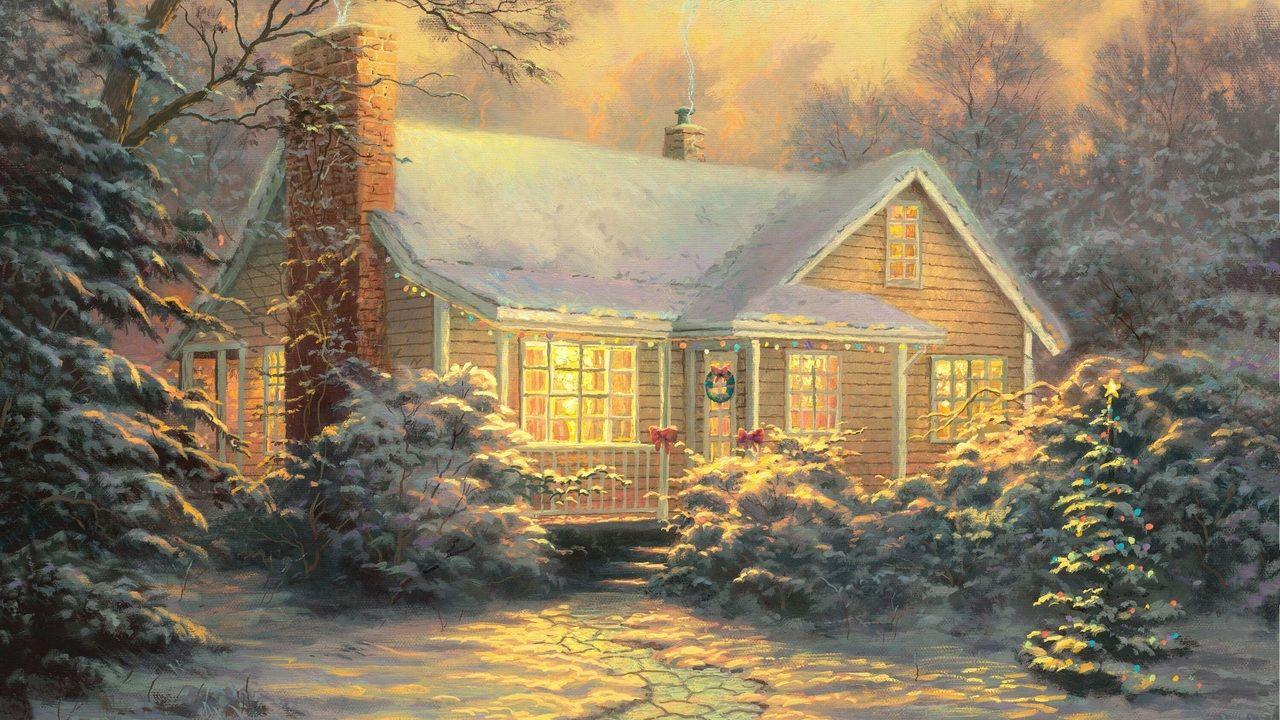 1280x720 painting, picture, christmas cottage, winter, christmas