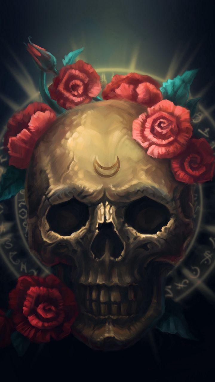 720x1280 Download wallpaper 720x1280 skull, flowers, symbols, art samsung galaxy mini s s neo, alpha, sony xperia compact z z z asus zenfone HD background