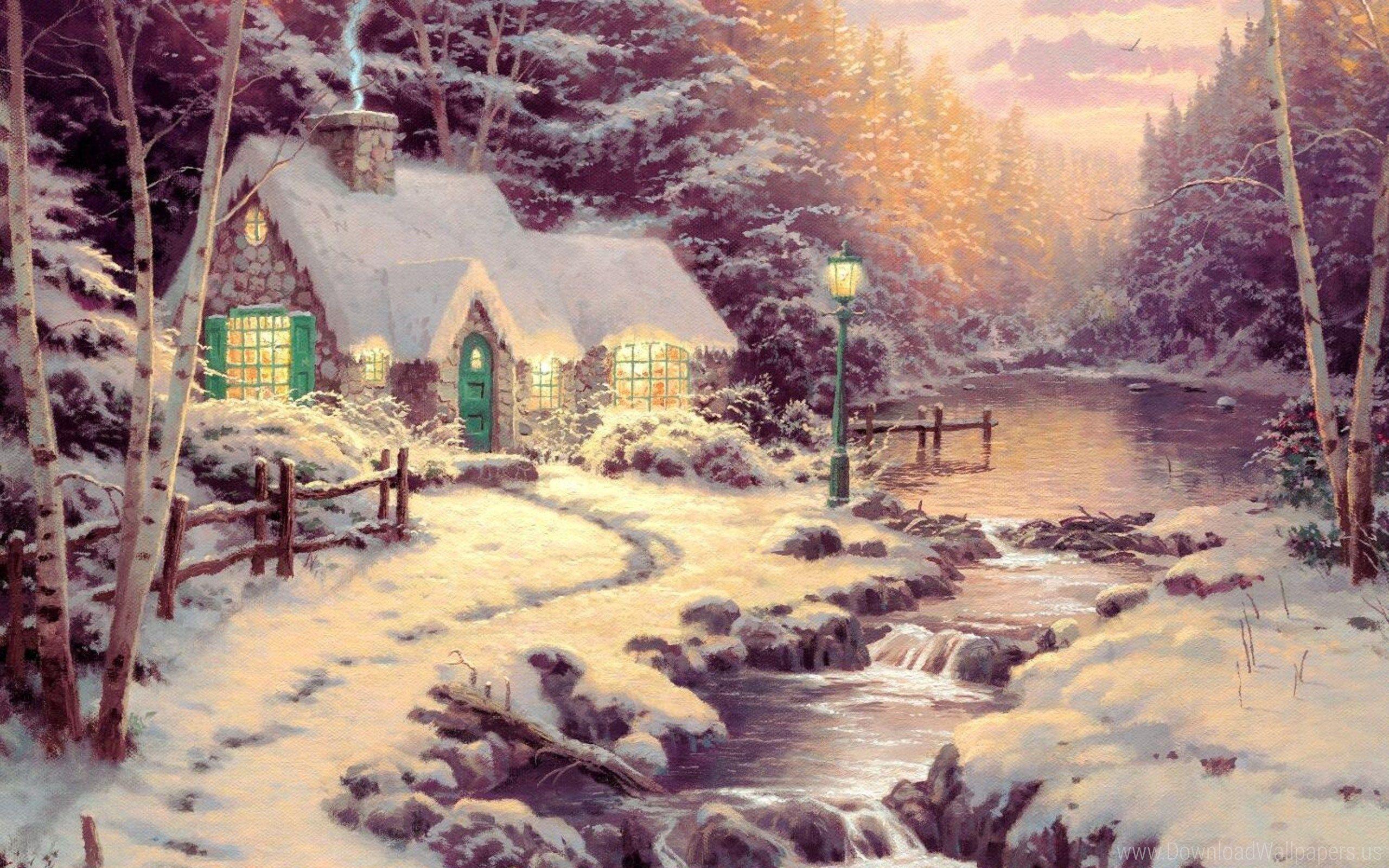 2560x1600 Art, Cottage, Evening Glow, Forest, Painting, River, Snow, Thomas