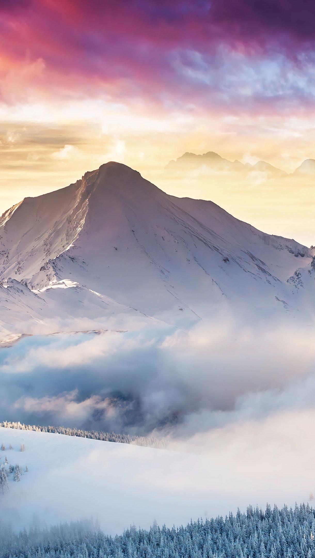1220x2160 Purple sunset in snowy mountains Wallpaper 4k Ultra HD