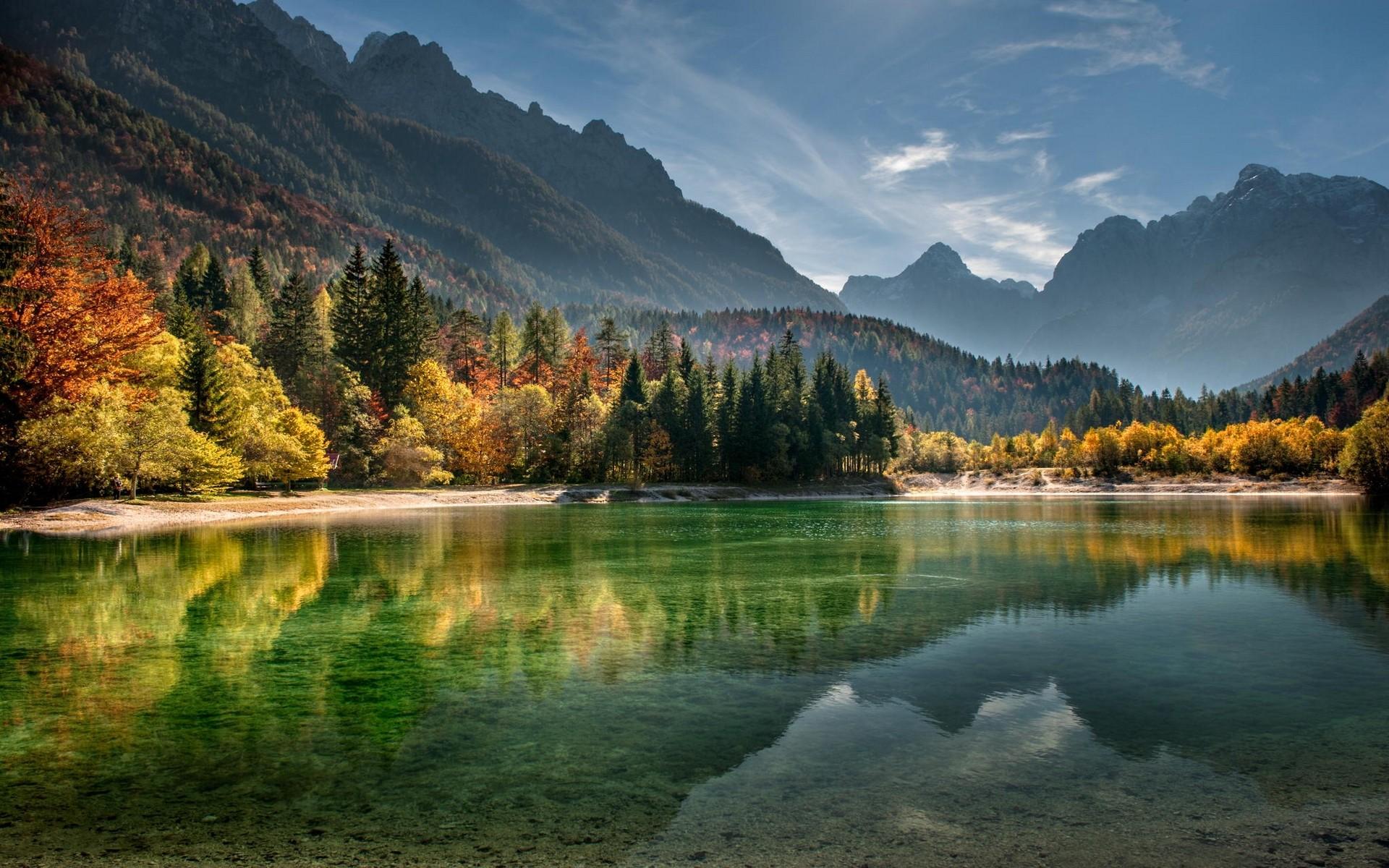 1920x1200 landscape, beach, sunset, nature, mist, forest, lake, trees, fall, water, Slovenia, mountains Gallery HD Wallpaper