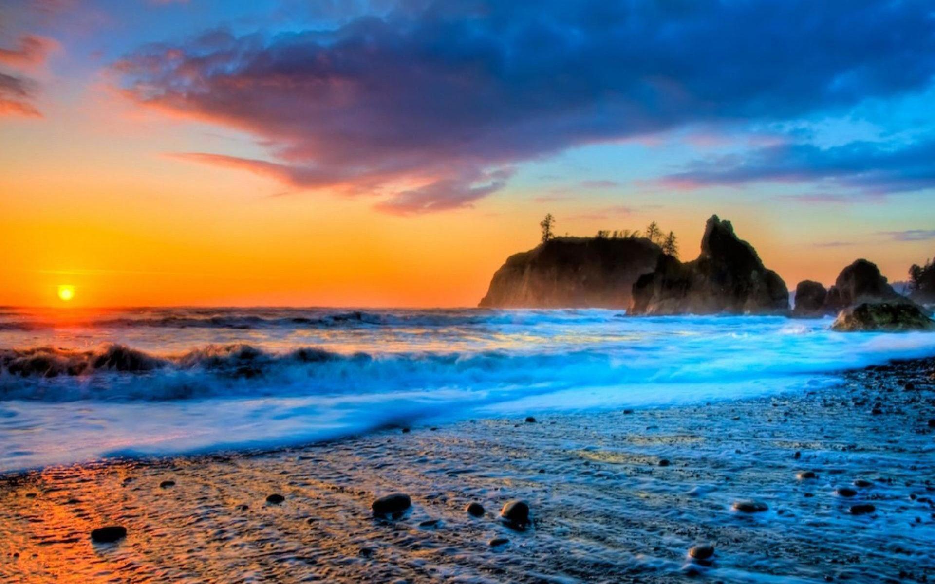 1920x1200 Gorgeous Beach Sunset Stone Wave HD Wallpaper For Desktop :