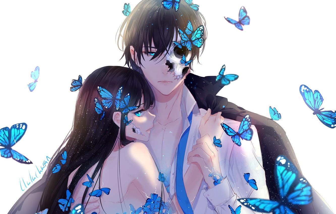 1332x850 Wallpaper girl, butterfly, anime, art, pair, guy image for desktop, section арт