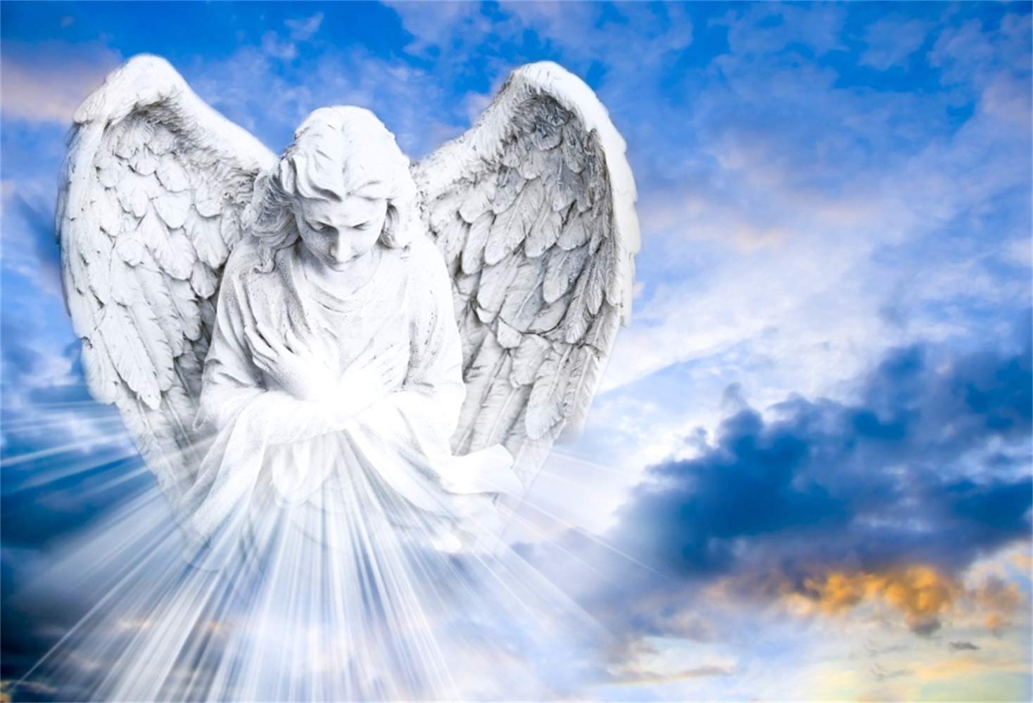 1468x1000 Laeacco 10x8ft Angel Wit Rays of Light Above The Heaven Backdrop Vinyl Blue Sky Angel Statue with Broad Wings Pentecost Background Church Bible School Event Activities Wallpaper Jesus Christian : מוצרי
