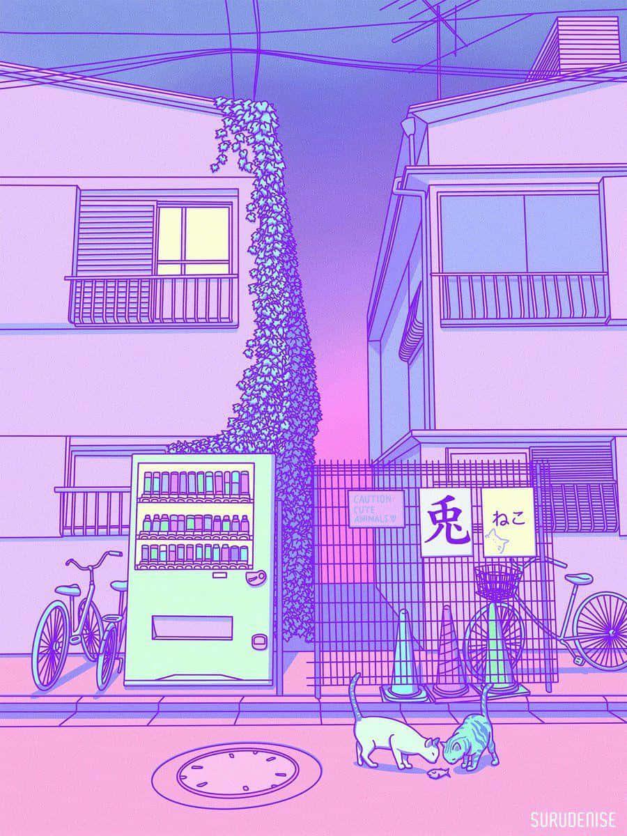 900x1200 Download Cute Purple Aesthetic Street Cat Pixel Art Wallpaper