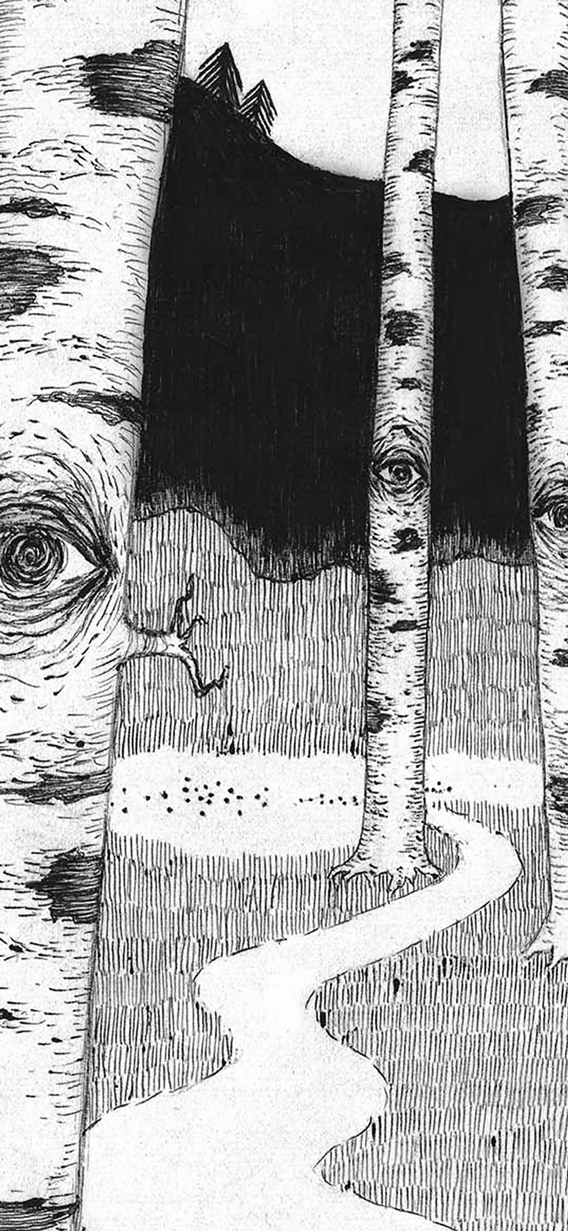 1125x2436 iPhoneXpapers in woods pencil drawing art illust