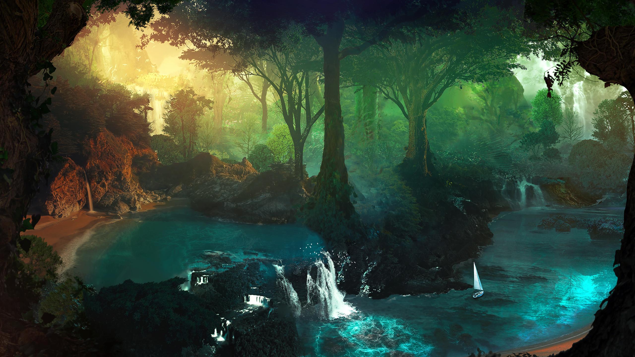 2560x1440 Wallpaper Forest, Nature, Green, Natural Landscape, Underground Lake, Background Free Image