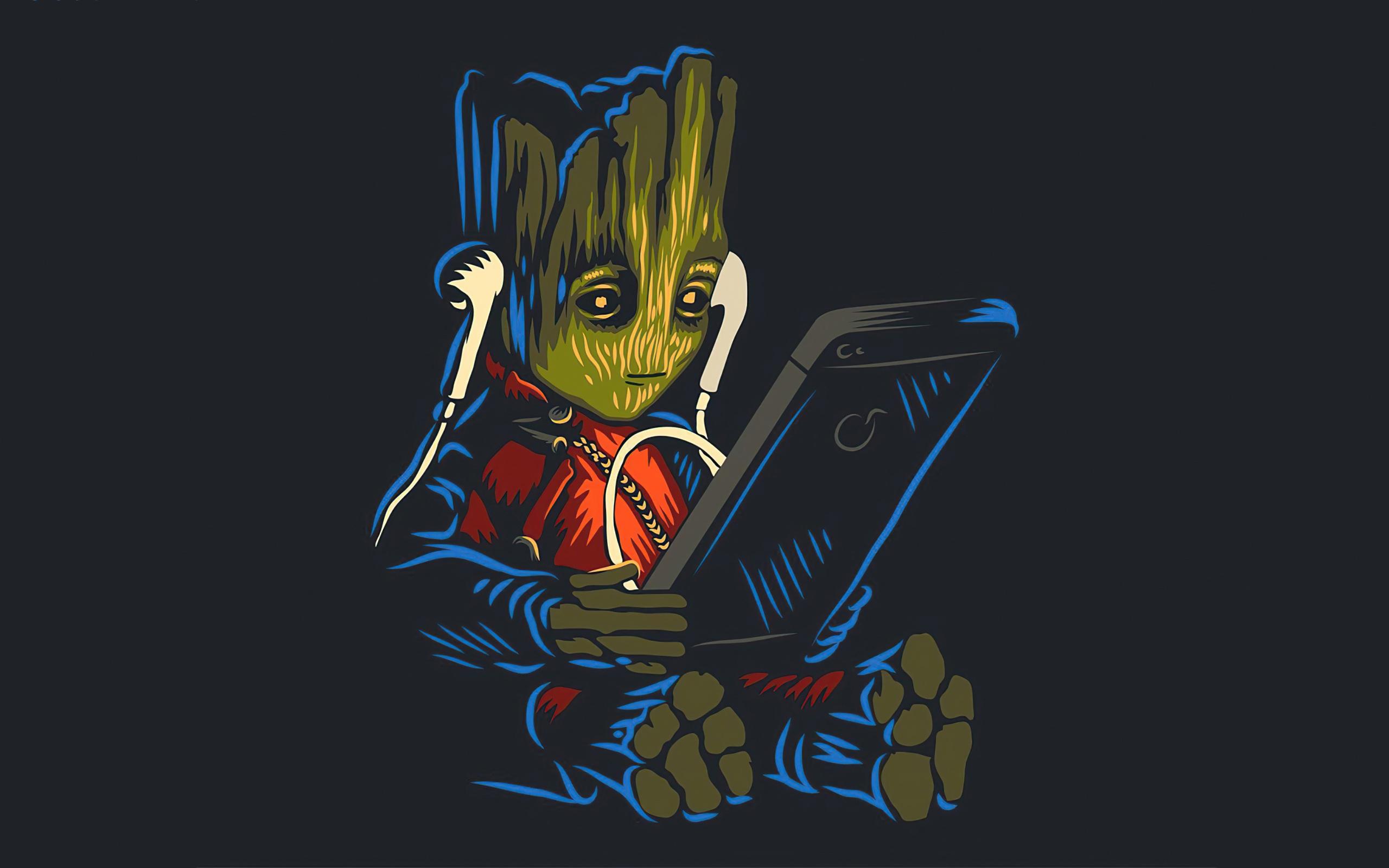 2560x1600 Wallpaper 4k Baby Groot Listening To Music While Using Phone 4k Wallpaper