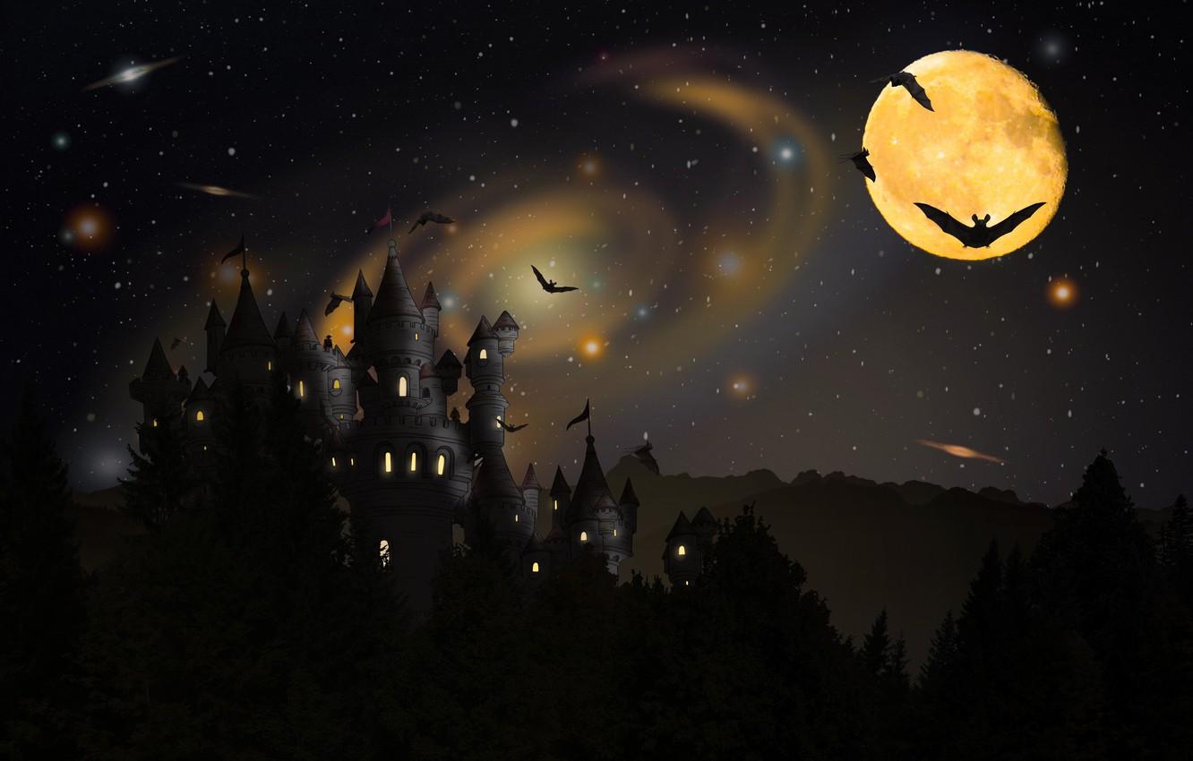 1332x850 Wallpaper Night, The moon, Castle, Halloween, Halloween, The full moon, Bats image for desktop, section праздники