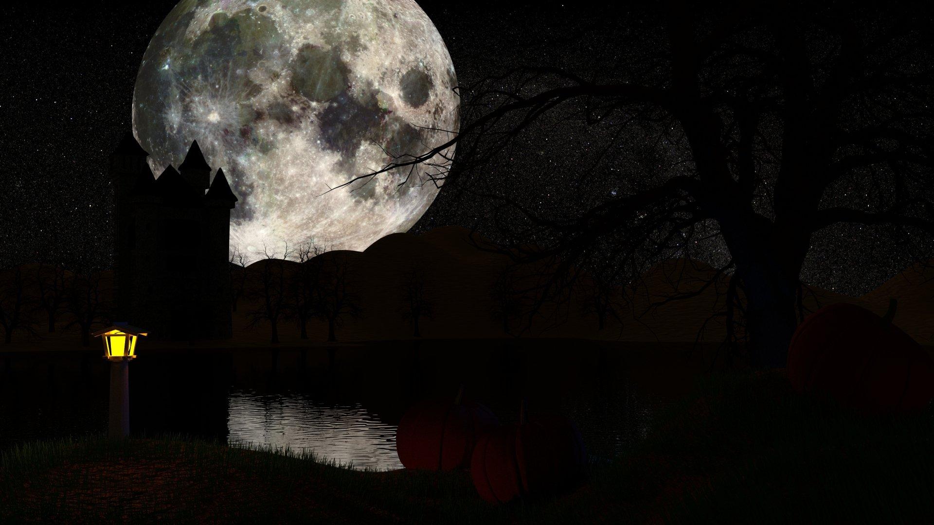 1920x1080 Full Moon over Lake on Halloween