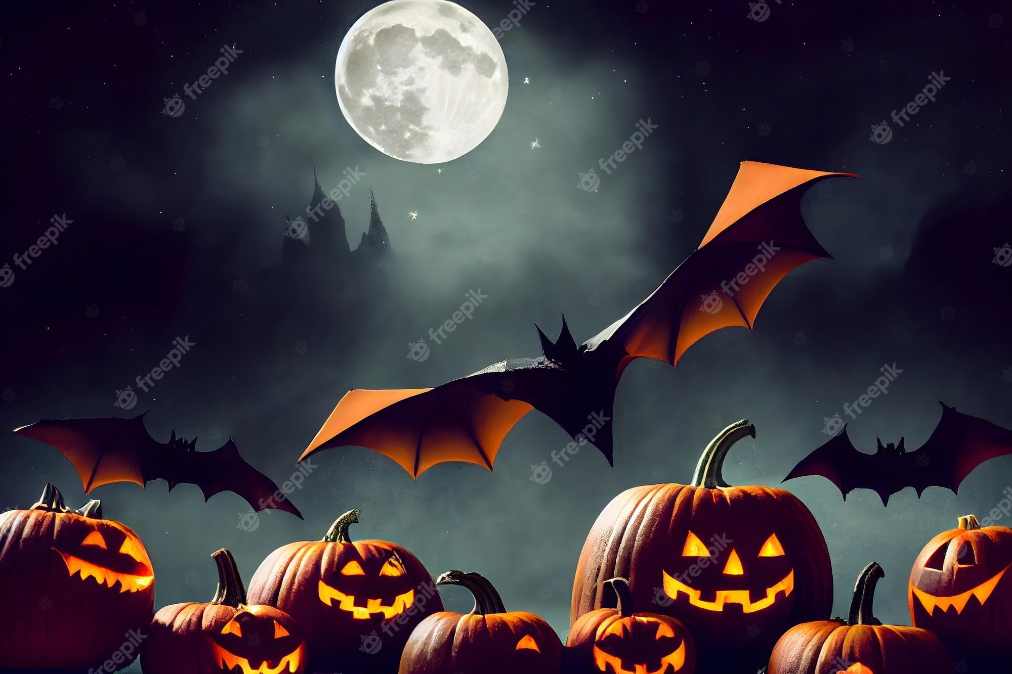 2000x1333 Premium Photo. Halloween aesthetic background bats pumpkins full moon and stars night neural network generated art