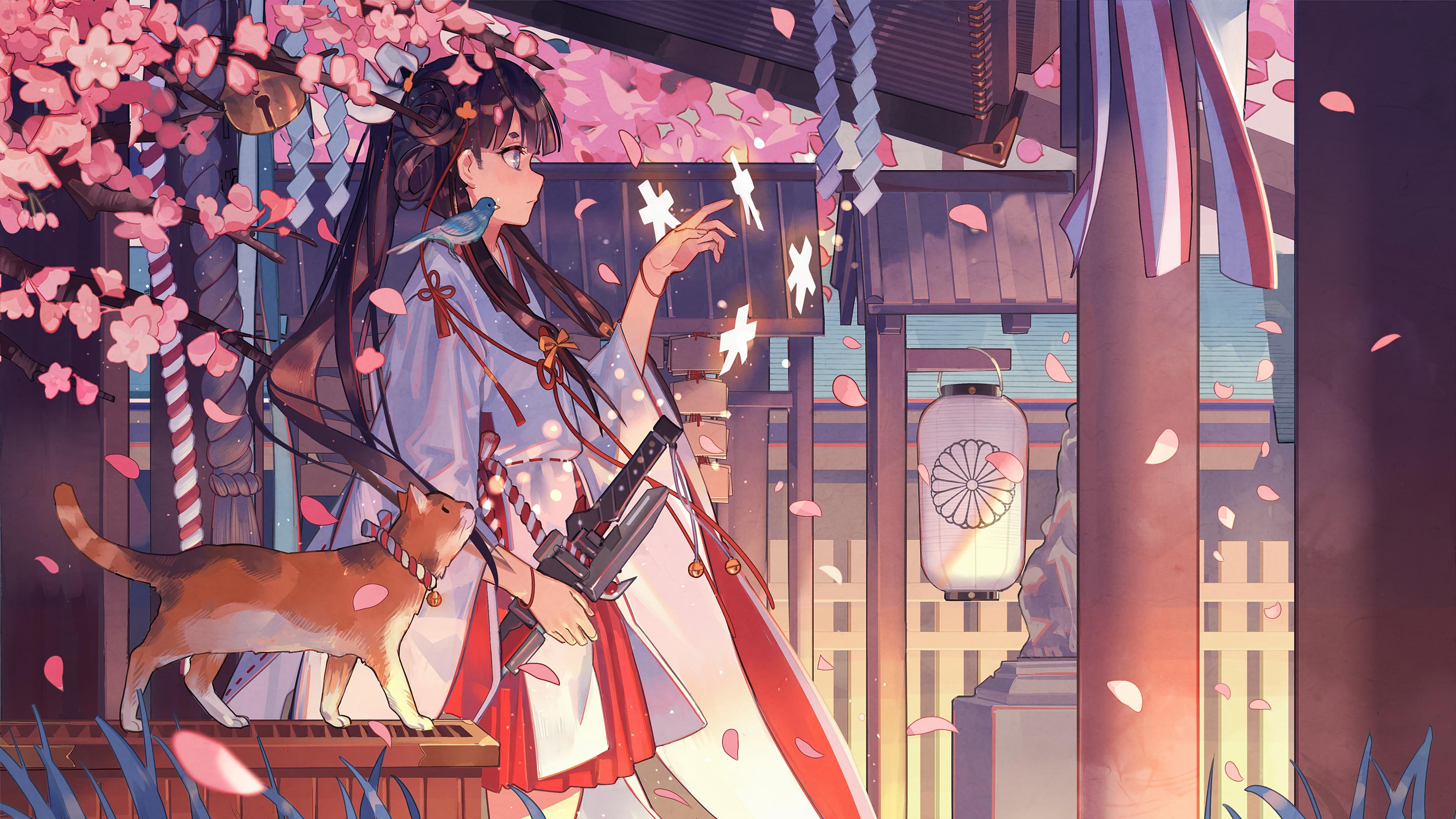 3840x2160 anime, girl, kimino, cat, art, 4k Gallery HD Wallpaper