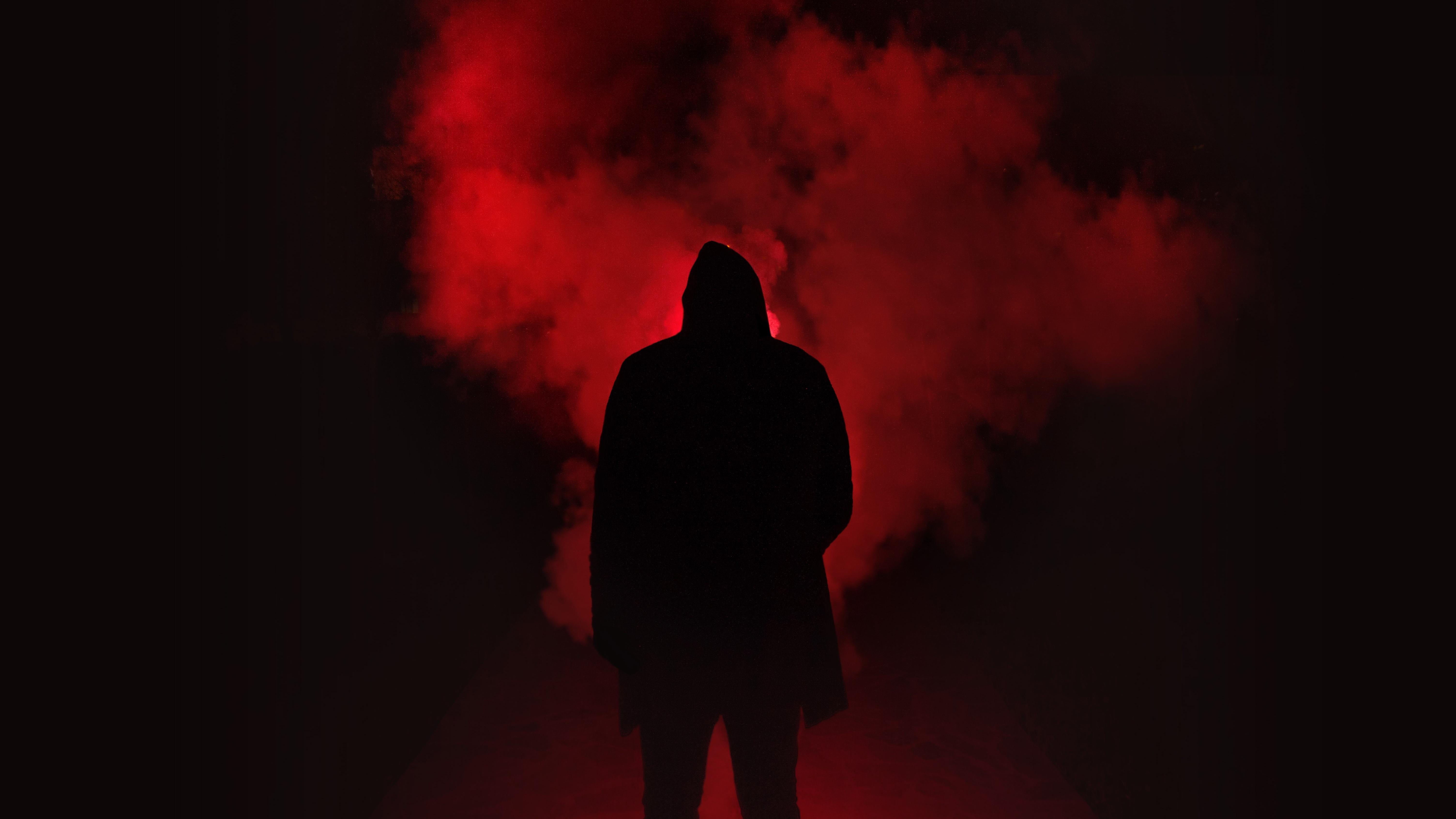 6016x3384 Person Silhouette Wallpaper 4K, Red Smoke, Dark Place, Black Dark