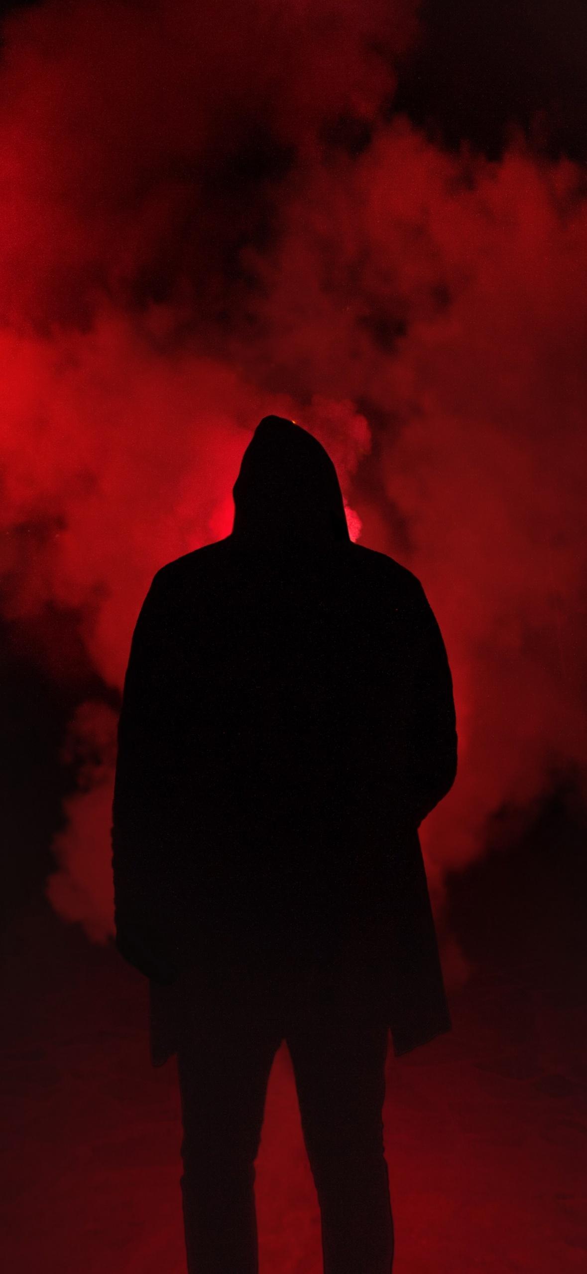 1179x2556 Person Silhouette Wallpaper 4K, Red Smoke, Dark Place, Black Dark
