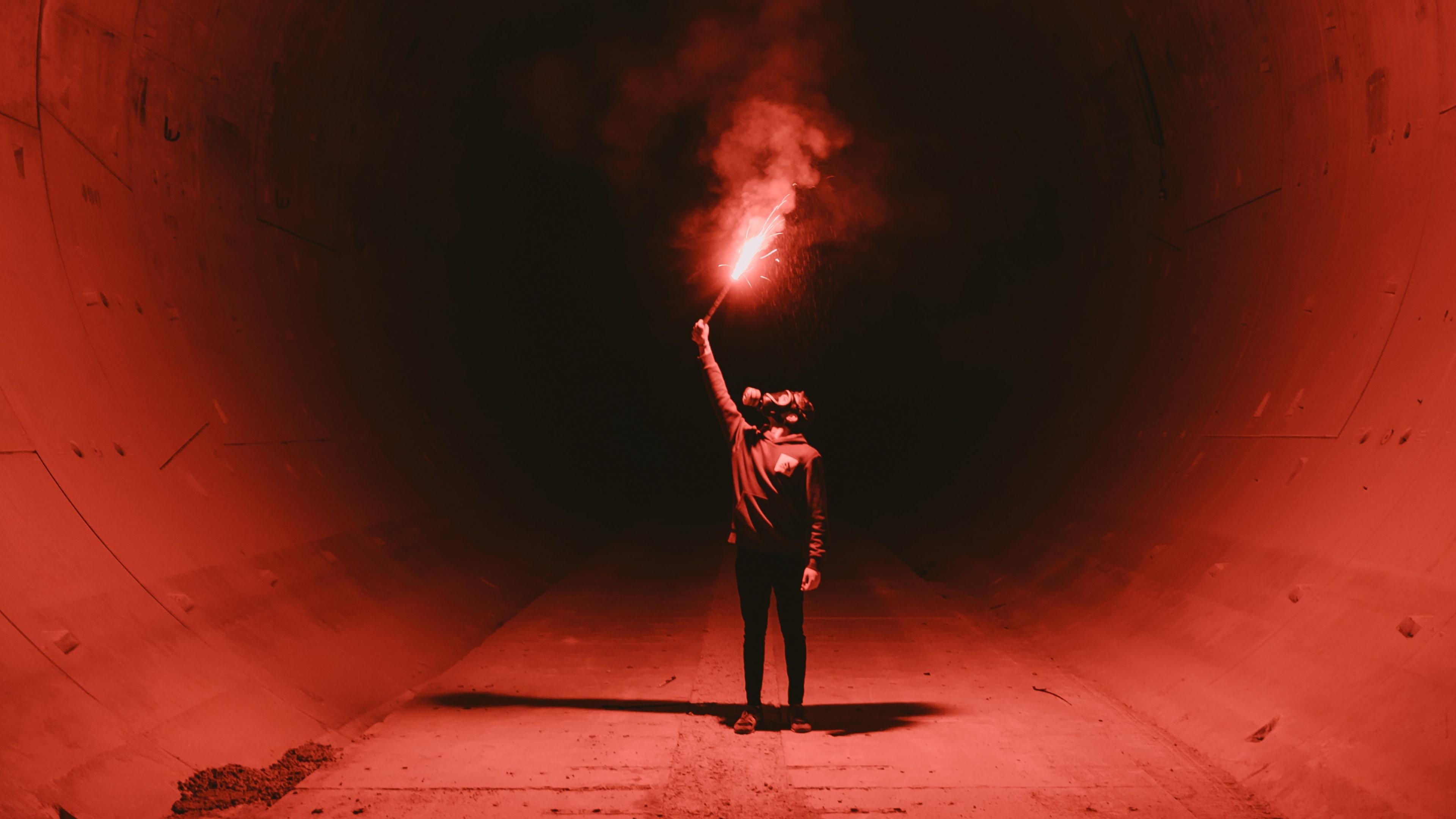 3840x2160 Red Flare Smoke Wallpaper 4K, Tunnel, Man in Mask, Photography