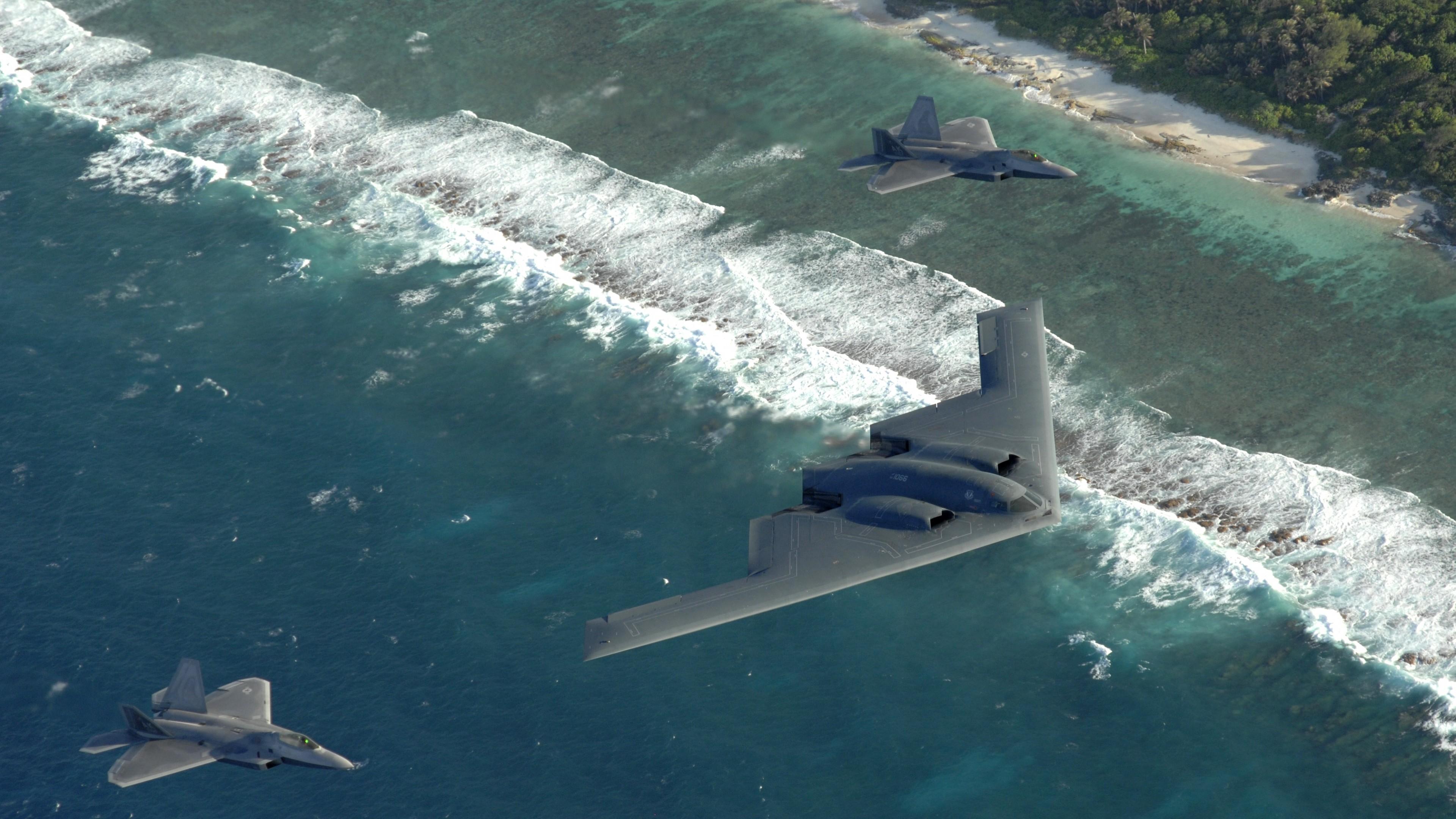 3840x2160 Wallpaper F- fighter, Raptor, Lockheed, B- Spirit, stealth bomber, sea, Military