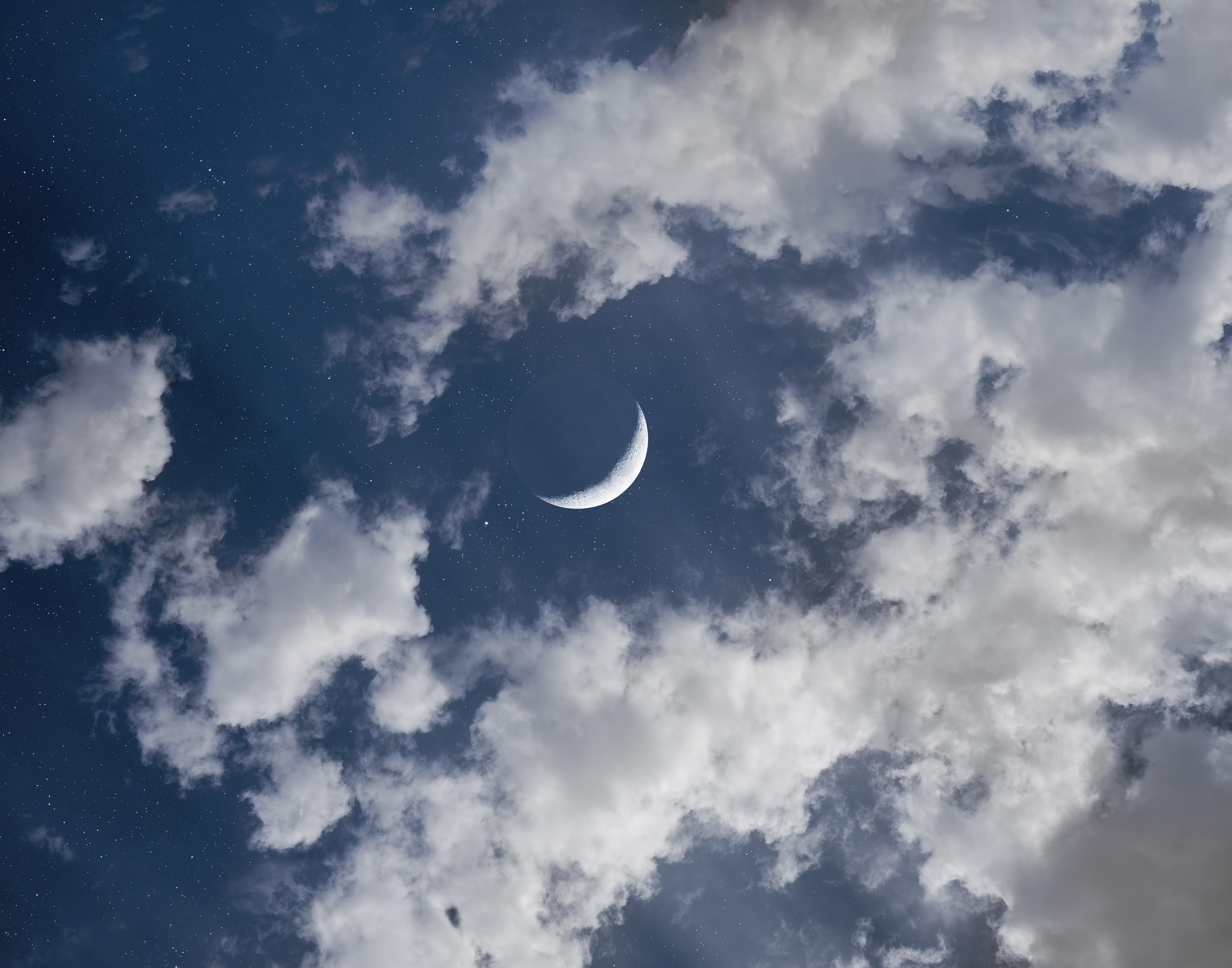 8232x6468 Crescent Moon Wallpaper 4K, Half moon, Clouds, Nature
