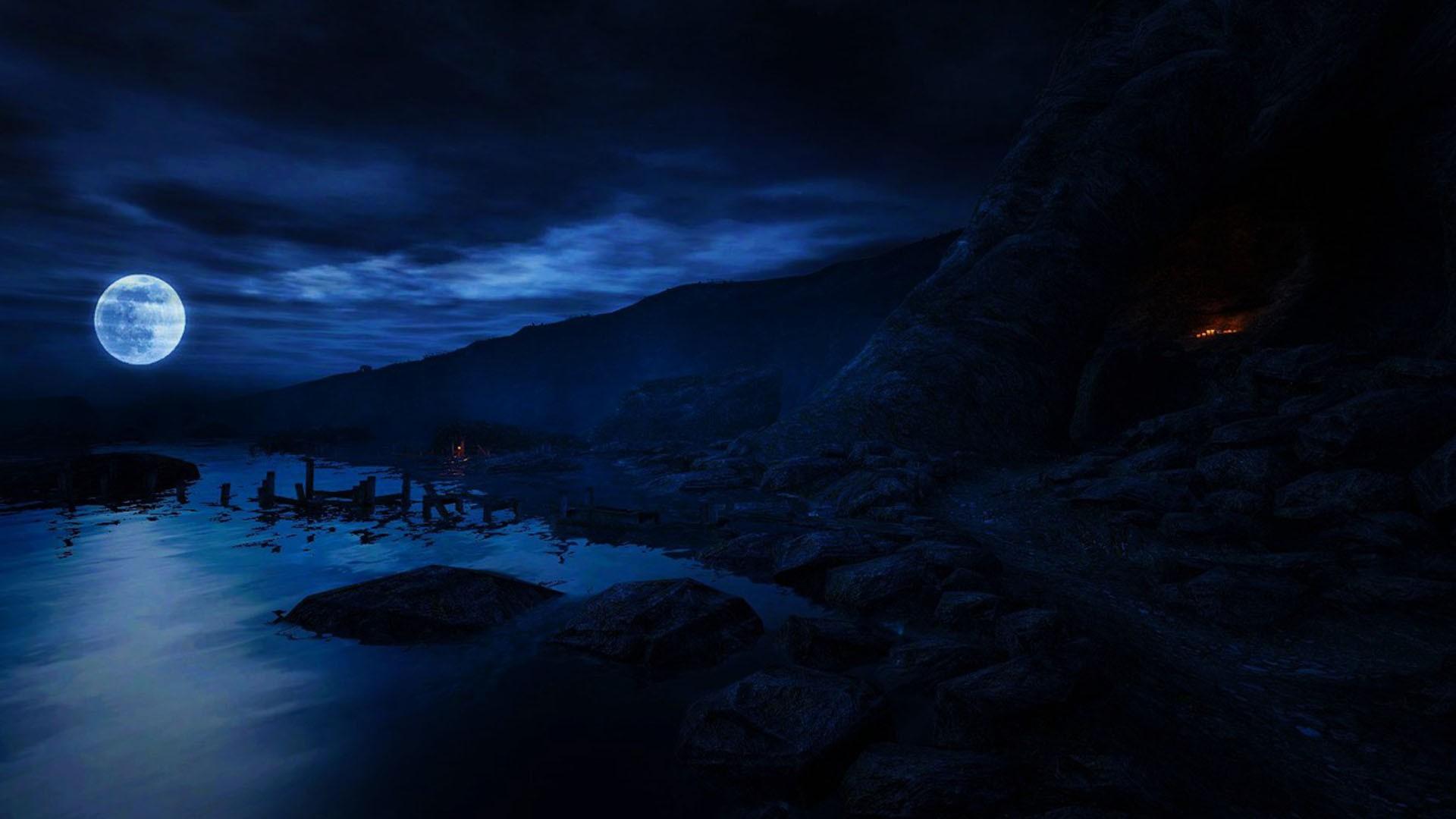 1920x1080 Rocks Mountains Under Moon Black Clouds Blue Sky Reflection